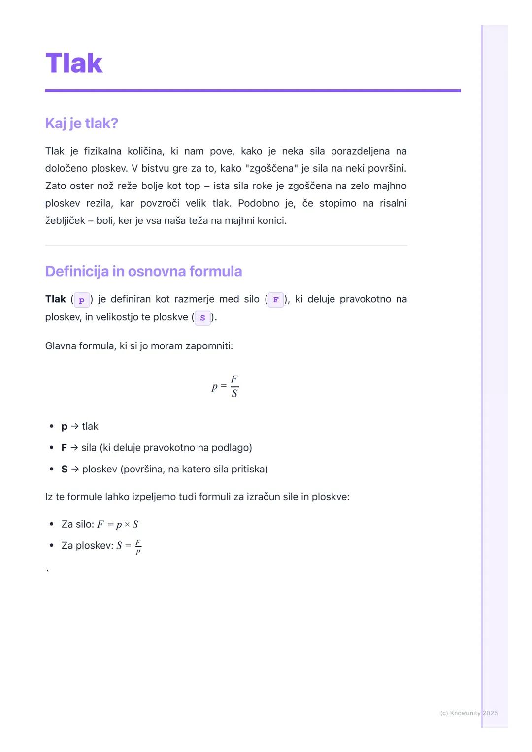 # Tlak

Kaj je tlak?

Tlak je fizikalna količina, ki nam pove, kako je neka sila porazdeljena na
določeno ploskev. V bistvu gre za to, kako 