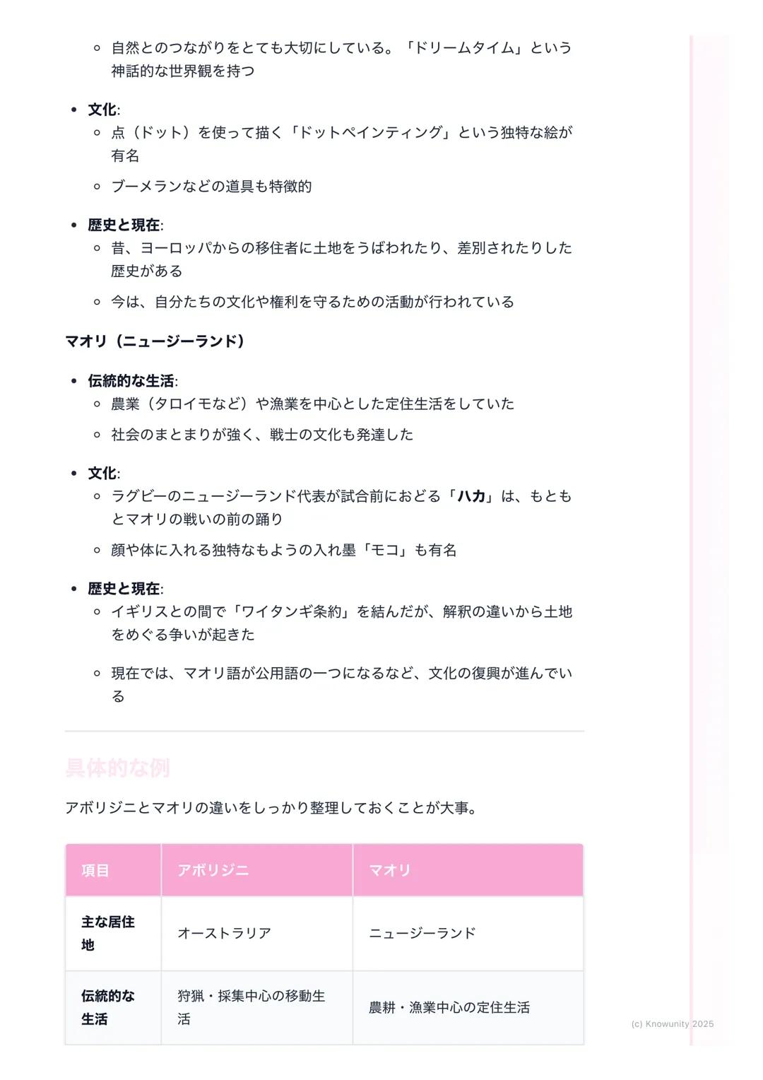 # 島々の自然と文化

オセアニアの島々の概要

オセアニア州は、太平洋にちらばるたくさんの島々からできている島々は、そ
の成り立ちや文化から、ミクロネシア、メラネシア、ポリネシアの3つの地域に
分けられるこの地域の多くは一年中あたたかい気候で、きれいな海が特徴

大事な用語と基