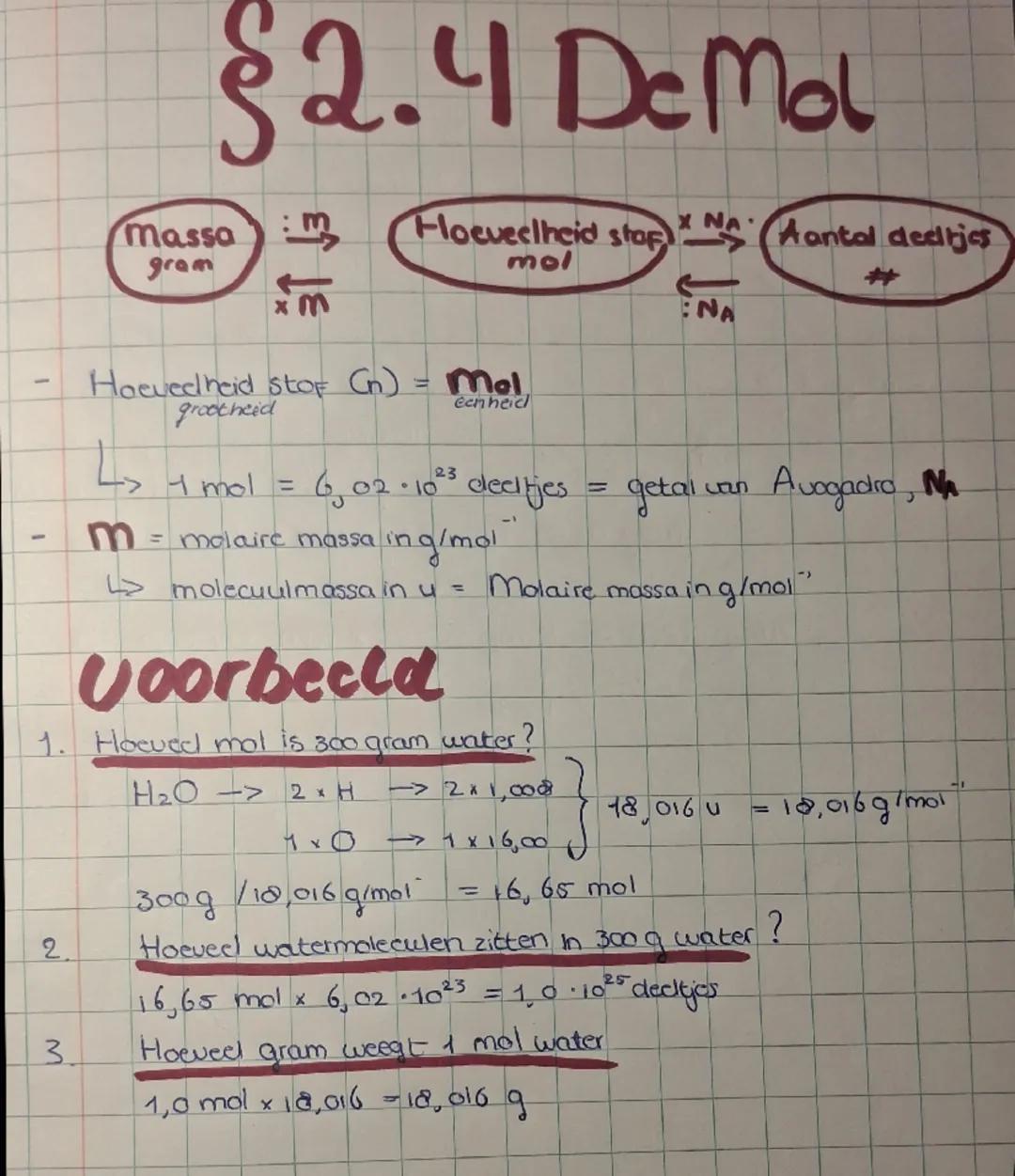 §2.4 Demol

Massam
gram
←→
Hoeveelheid stof * NA Aantal deeltjes
mol
:NA

- Hoeveelheid stof (n) = Mol
grootheid
eenheid

↳ 1 mol = 6,02 
· 