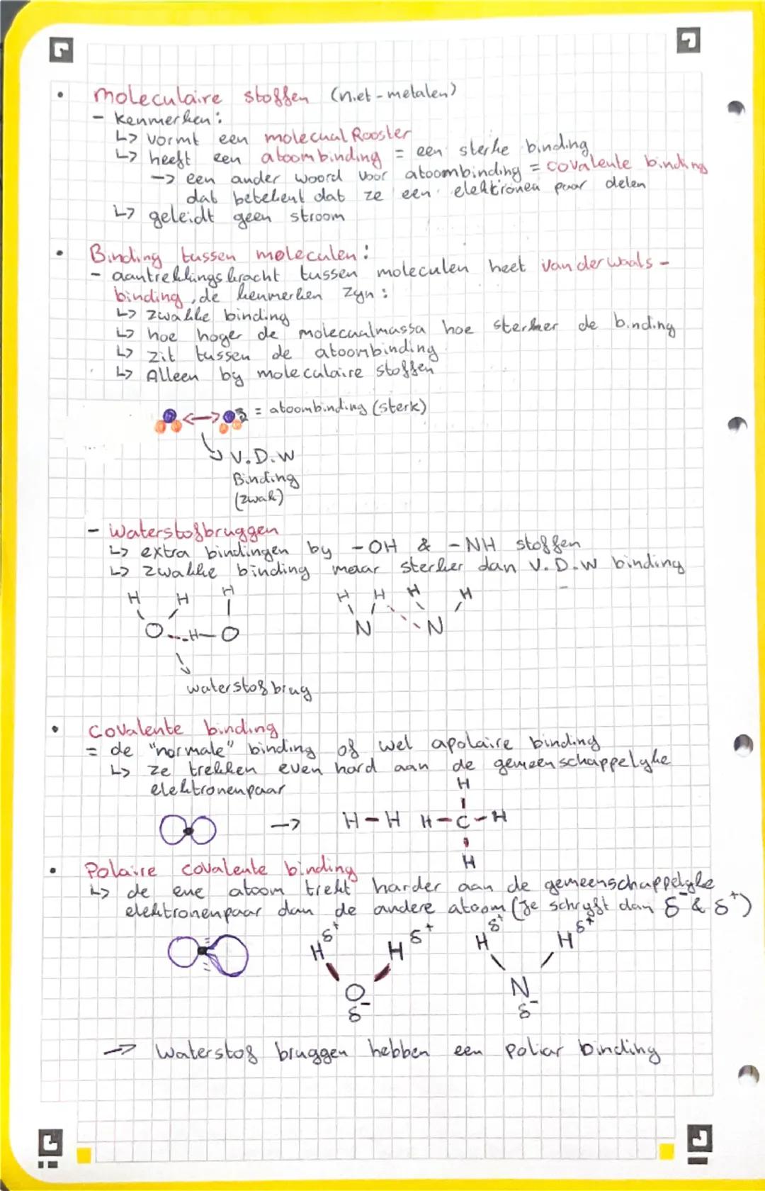 # H3 & H4 Bindingen en eigenschappen

- Een Chemische binding is een aantrekkings beracht tussen
atomen, moleculen of sonen, deze bindingen 