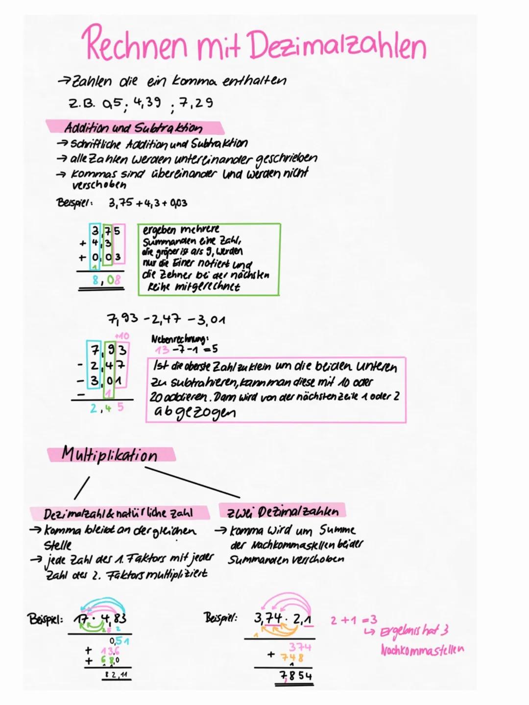 # Rechnen mit Dezimalzahlen

Zahlen die ein komma enthalten

2.Β. 95, 4,397,29

## Addition und Subtraktion

→Schriftliche Addition und Subt