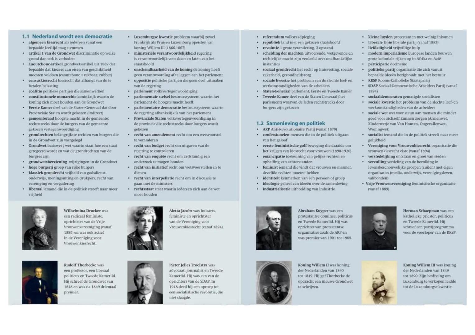 # 1.1 Nederland wordt een democratie

- algemeen kiesrecht als iedereen vanaf een
bepaalde leeftijd mag stemmen
- artikel 1 van de Grondwet 