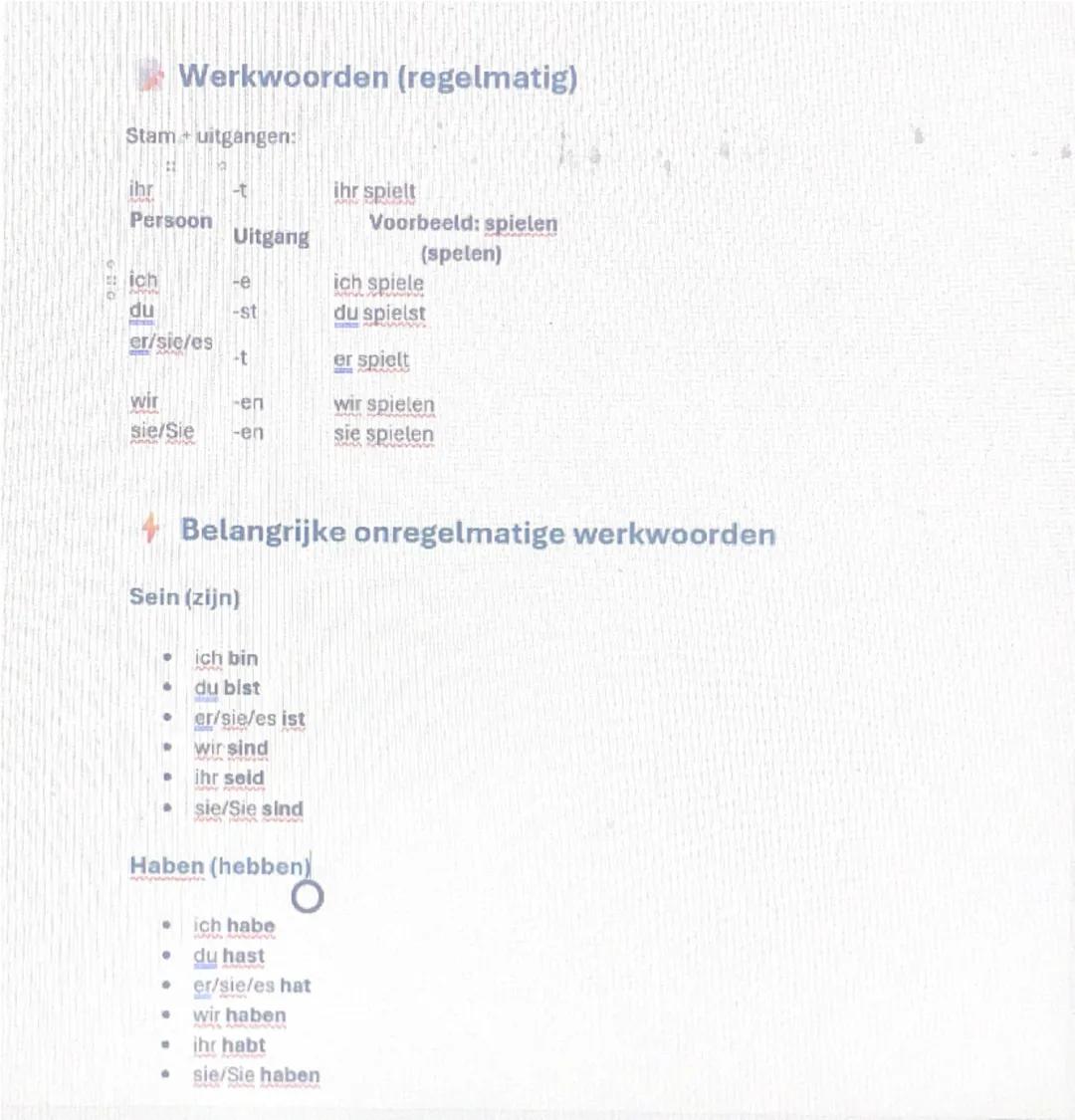 # Samenvatting Duitse grammatica

## Lidwoorden

* Bepaald lidwoord (de/het)
    * `der` (mannelijk), `die` (vrouwelijk), `das` (onzijdig), 