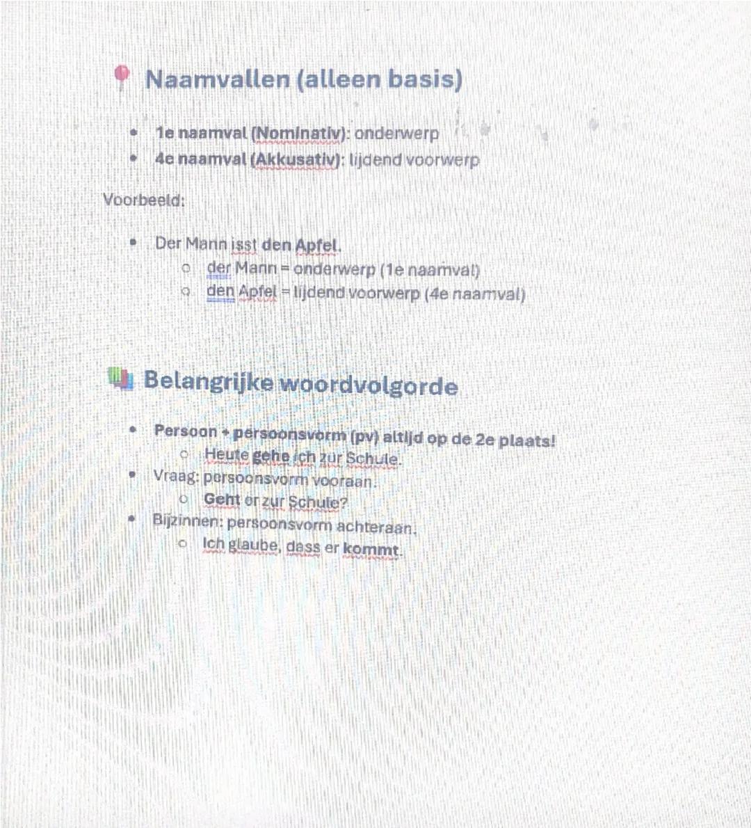 # Samenvatting Duitse grammatica

## Lidwoorden

* Bepaald lidwoord (de/het)
    * `der` (mannelijk), `die` (vrouwelijk), `das` (onzijdig), 