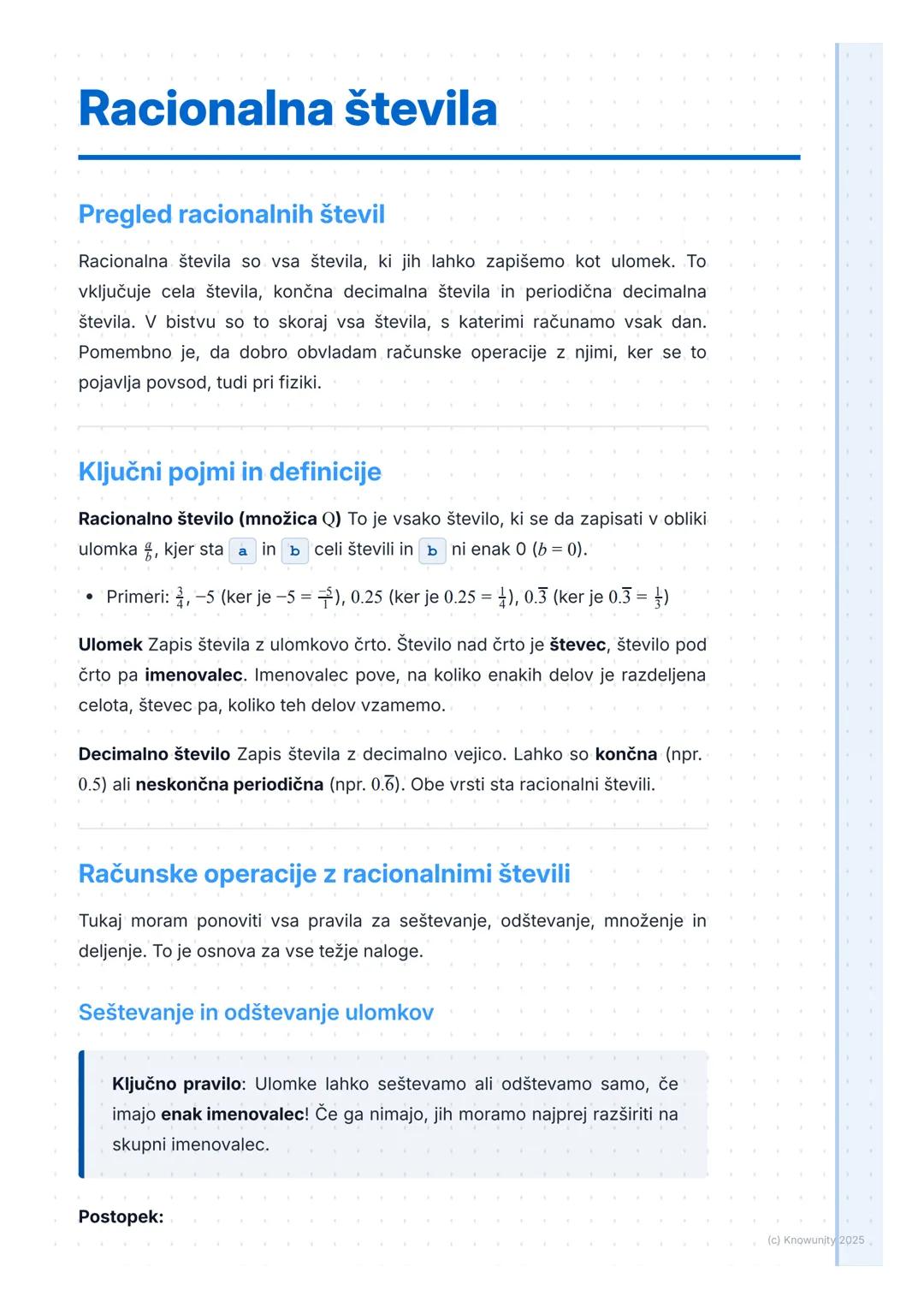 # Racionalna števila

## Pregled racionalnih števil

Racionalna števila so vsa števila, ki jih lahko zapišemo kot ulomek. Το
vključuje cela 