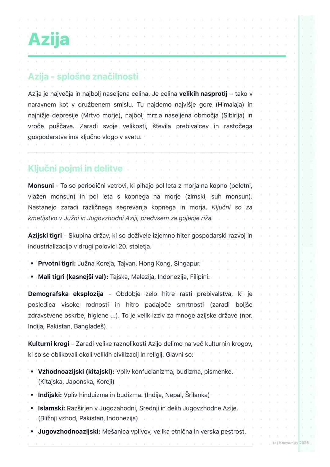 # Azija

Azija - splošne značilnosti

Azija je največja in najbolj naseljena celina. Je celina velikih nasprotij - tako v
naravnem kot v dru