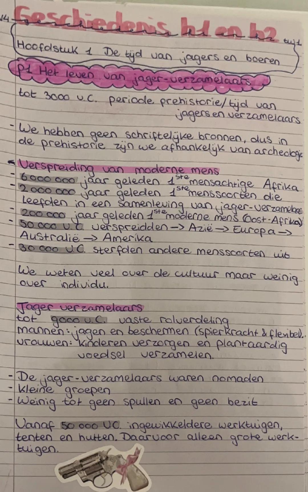 ## Geschiedenis h1 en h2

Hoofdstuk 1 De tijd van jagers en boeren

**p1 Het leven van jager-verzamelaars**
tot 3000 v.C. periode prehistori