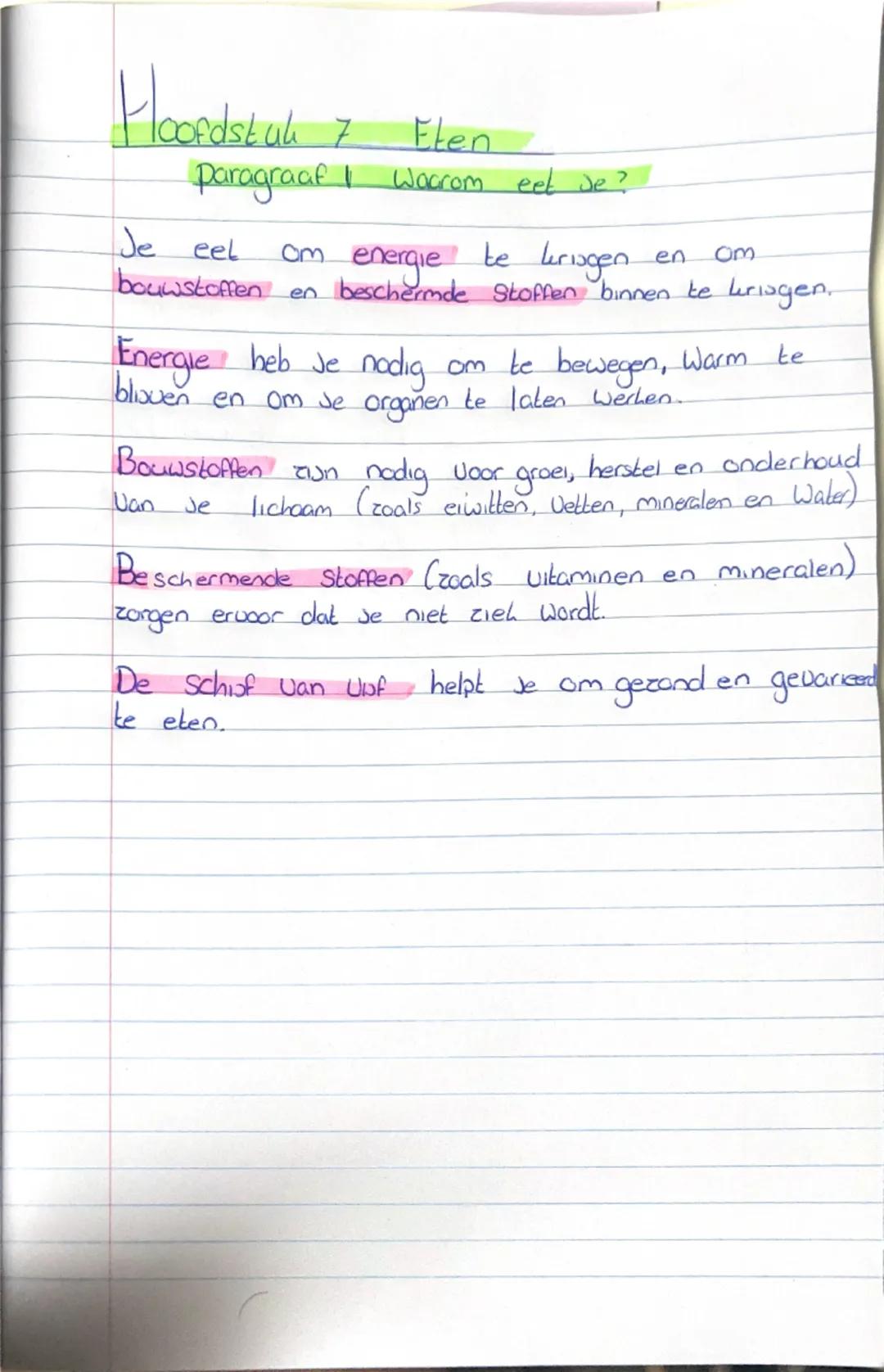 Hoofdstuk
7 Eten
paragraaf Waarom eet de?

Je eel om energie te leringen en om
bouwstoffen en beschermde stoffen binnen te lirisgen.

Energi