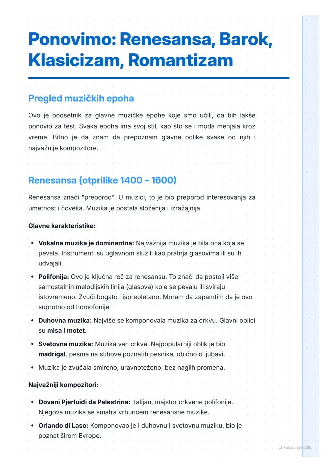 # Ponovimo: Renesansa, Barok,
# Klasicizam, Romantizam

## Pregled muzičkih epoha

Ovo je podsetnik za glavne muzičke epohe koje smo učili, 