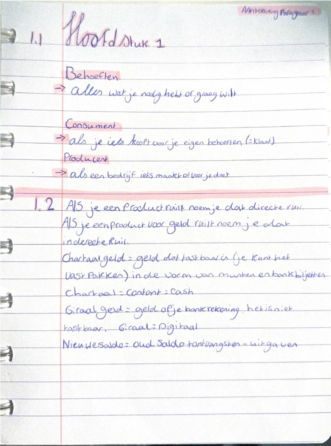 →11 Hoofdstuk 1
Aantekening Paragraaf 1
Behoeften
→ alles wat je nodig hebt of graag wilt
Consument
→ als je iets koopt voor je eigen behoef
