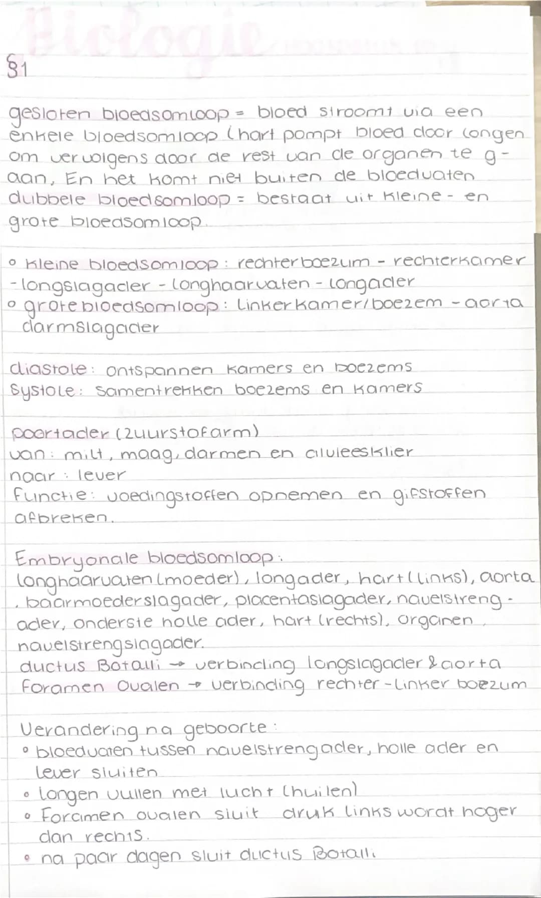 §1
gesloten bloedsomloop = bloed stroomt via een
enkele bloedsomloop (hart pompt bloed door longen
om vervolgens door de rest van de organen