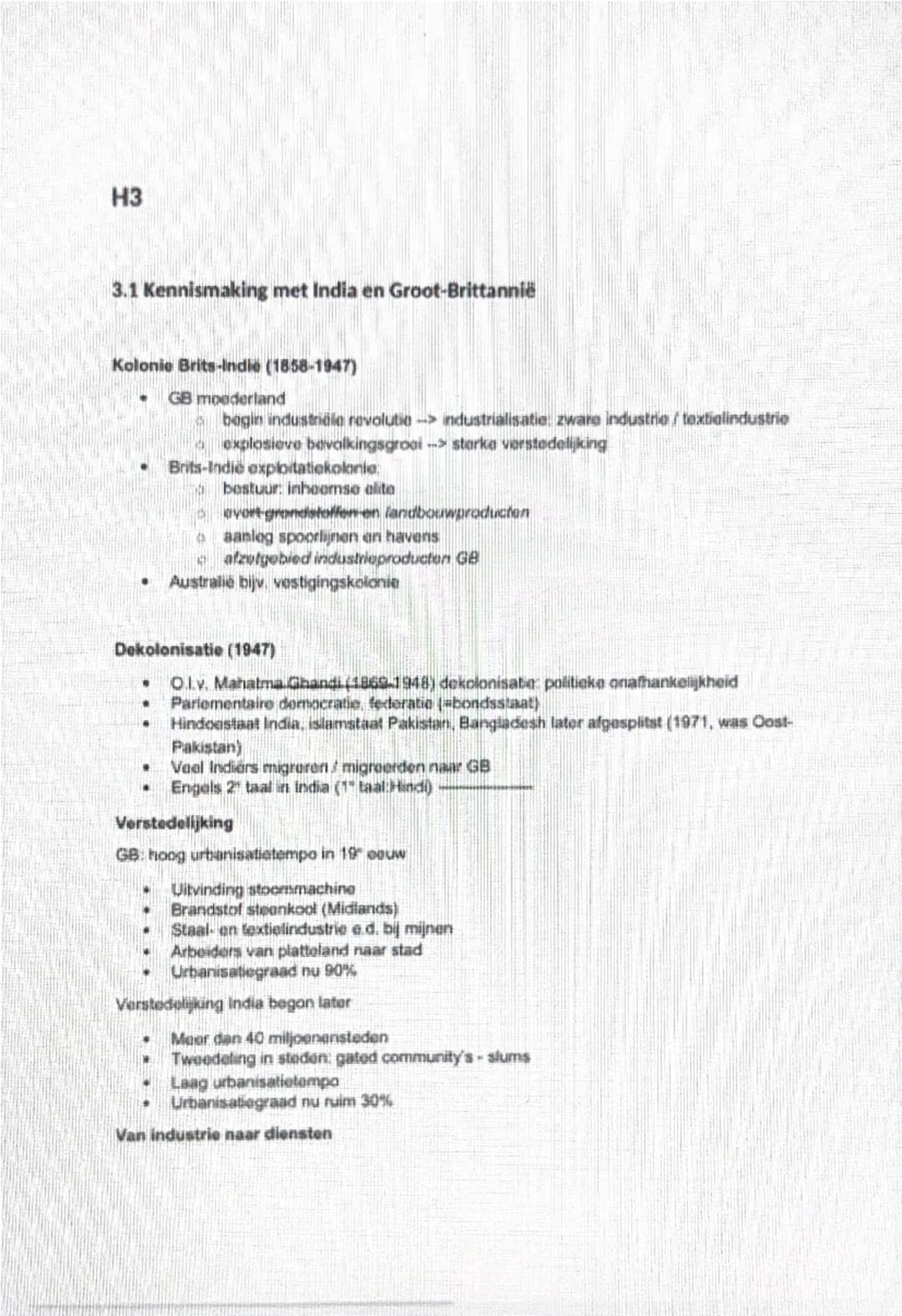 H3
3.1 Kennismaking met India en Groot-Brittannië
Kolonie Brits-Indië (1858-1947)
- GB moederland
  - begin industriële revolutie -> industr