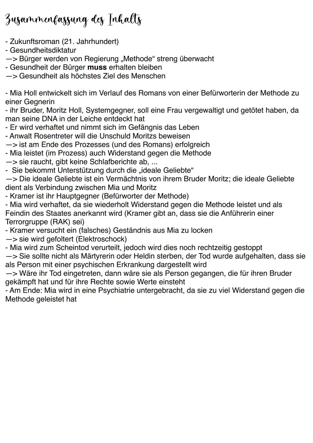 # Zusammenfassung des Inhalts

- Zukunftsroman (21. Jahrhundert)
- Gesundheitsdiktatur
- "> Bürger werden von Regierung „Methode" streng übe