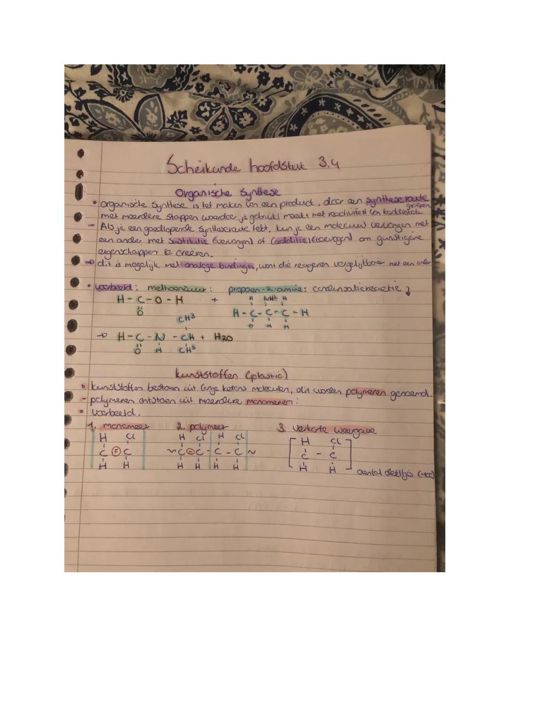 **
Scheikunde hoofdstuk 3.4
Organische Synthese.
•organische Synthese is het maken ven een product, doar den synthese raute
met meerdere sta
