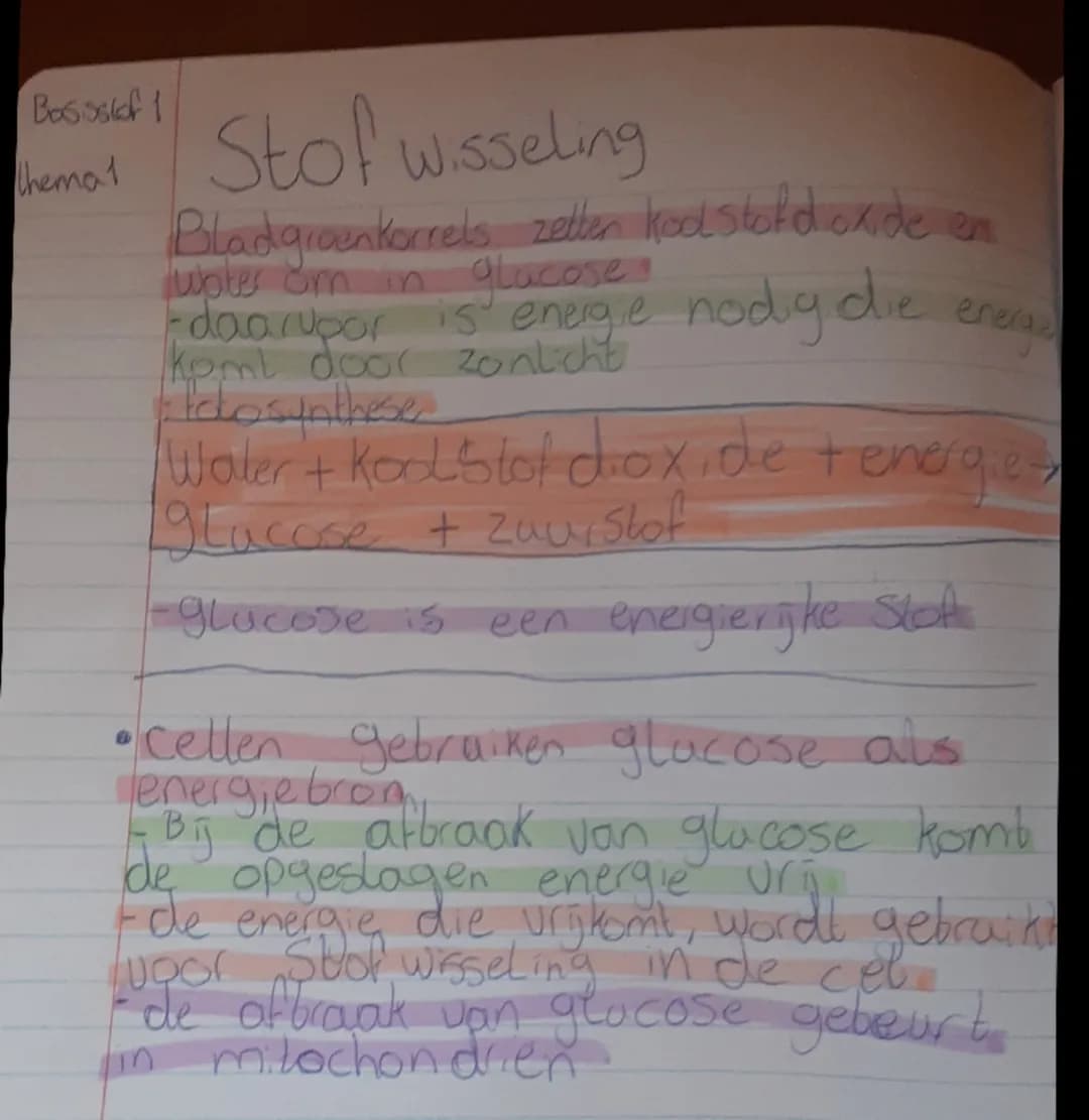 Basisstof 1
thema 1
Stof wisseling
Bladgroenkorrels zetten koolstofdioxide en
water om in glucose.
-daarvoor is energie nodig die energie
ko