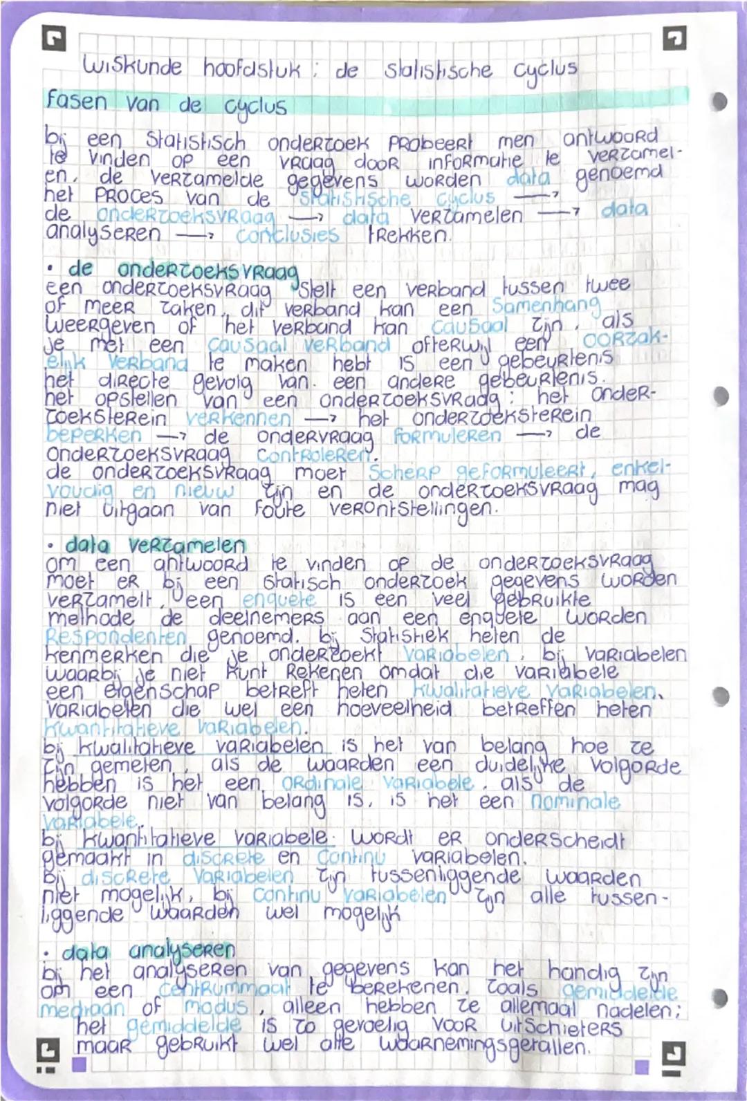 Wiskunde hoofdstuk: de statistische cyclus
fasen van de cyclus
bij een Statistisch onderzoek probeert men antwoord
te vinden op een vraag do