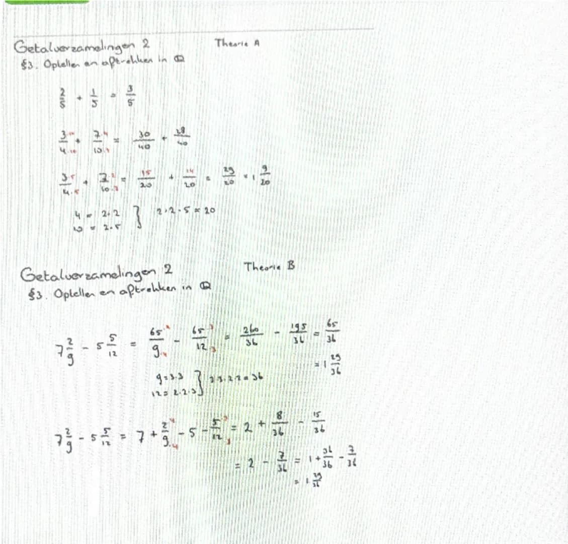 Getalverzamelingen 2
§3. Optellen en aftrekken in Q
2
3
+
5
5
3
4
+
3
10
30
40
15
20
20
4 - 2 = 2
5
2.5
Theorie A
25
20
9
20
2 - 2 - 5 × 20
