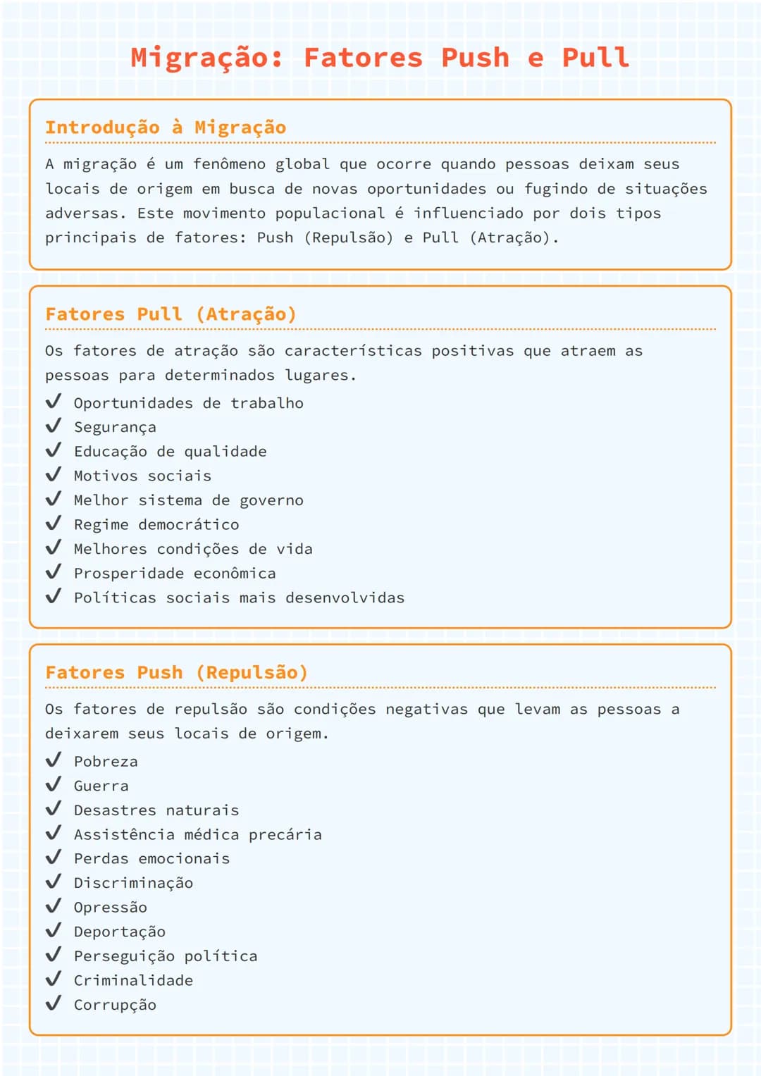 # Migração: Fatores Push e Pull

## Introdução à Migração

A migração é um fenômeno global que ocorre quando pessoas deixam seus
locais de o