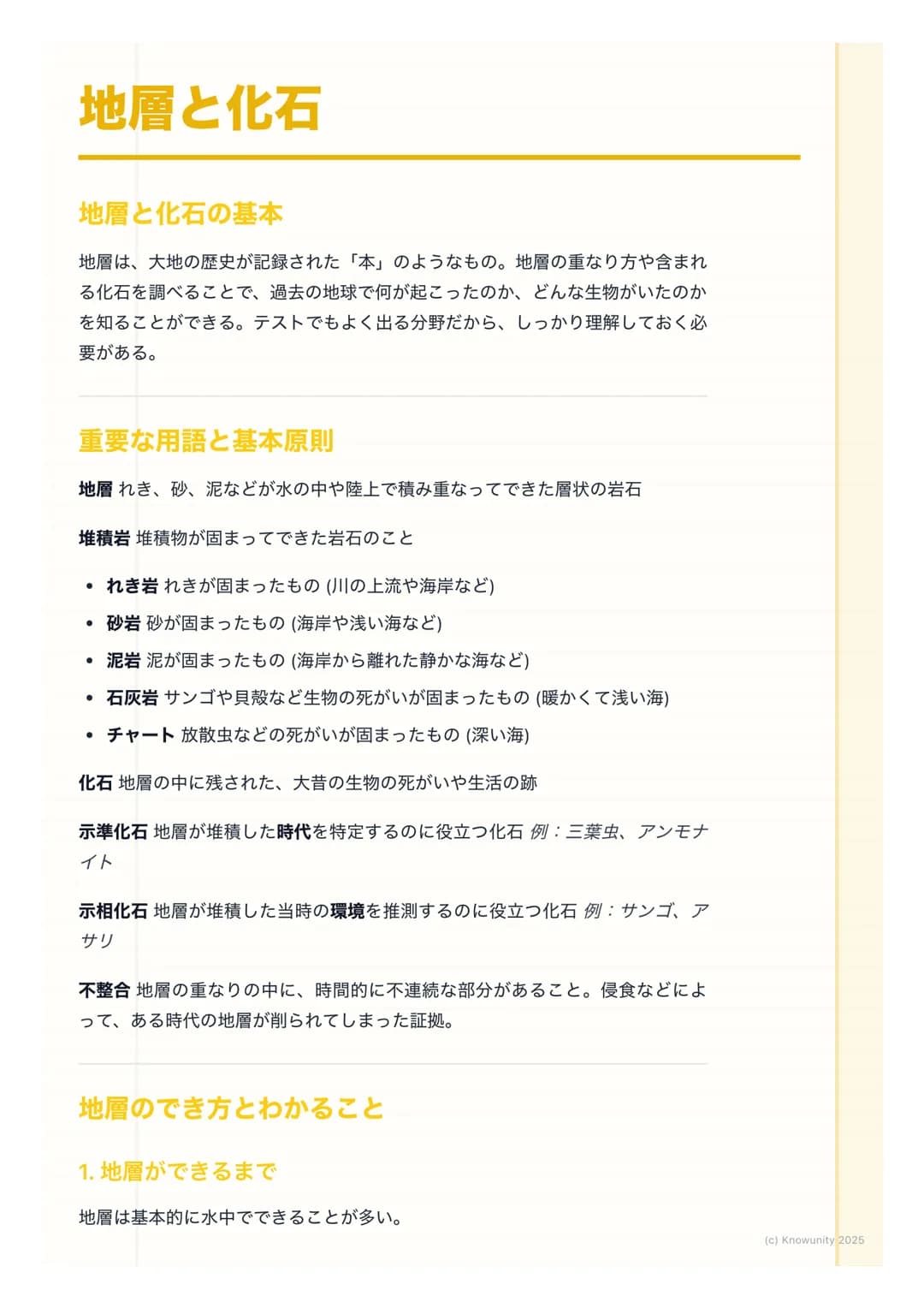 # 地層と化石

地層と化石の基本

地層は、大地の歴史が記録された「本」のようなもの。地層の重なり方や含まれ
る化石を調べることで、過去の地球で何が起こったのか、どんな生物がいたのか
を知ることができる。テストでもよく出る分野だから、しっかり理解しておく必
要がある。

重要な