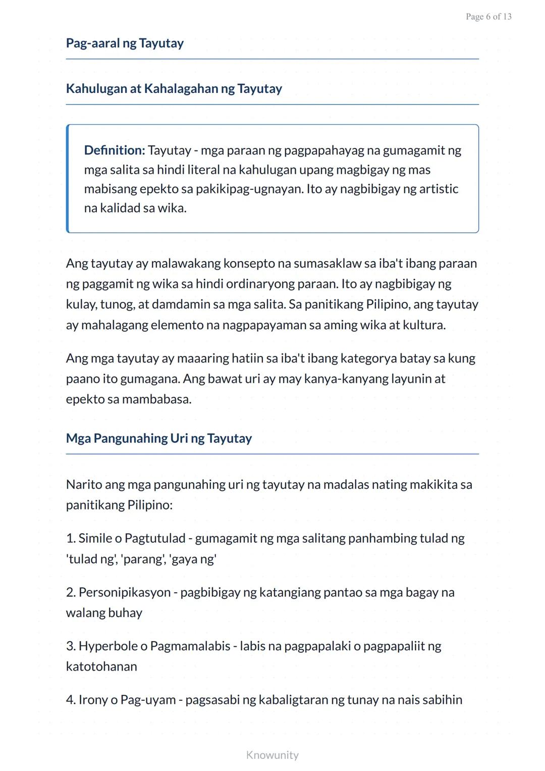 Pagkilala at Pagsusuri ng Literary Devices: Metapora at Tayutay
Pag-aaral ng mga literary devices sa panitikang
Pilipino
Mga Layuning Pang-e