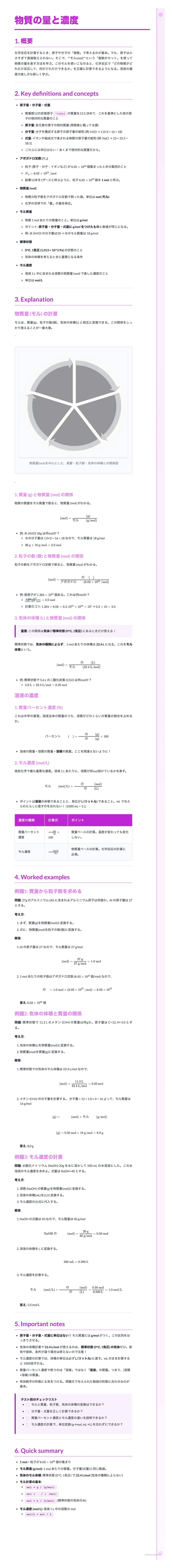 # 物質の量と濃度

1. 概要

物質の量を表す単位としてmol(モル)を定義する。また、溶液中の物質の量を表す濃度という概念を導入する。濃度には、モル濃度、質量モル濃度、質量パーセント濃度など、いくつかの種類がある。

2. Key definitions and conce
