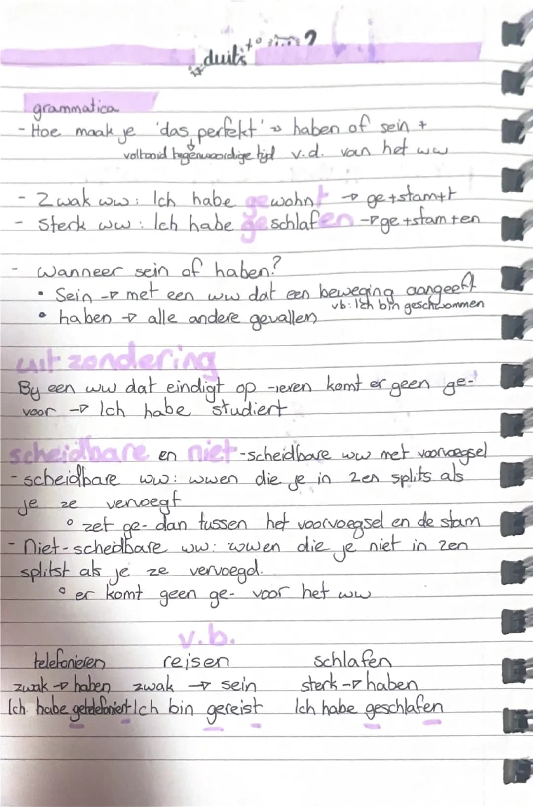 - duitit 2

grammatica
- Hoe maak je `das perfekt` $\Rightarrow$ haben of sein +
voltooid tegenwoordige tijd v.d. van het ww
- 2 wak ww: Ich