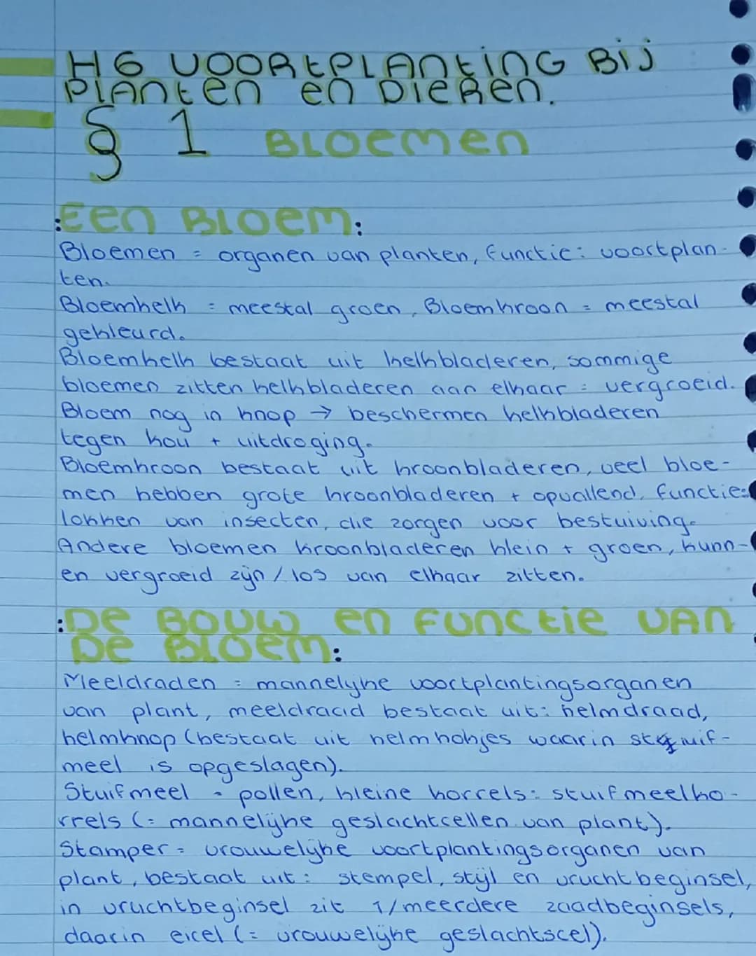 ## HE VOOREPLANTING BIJ
PLANTEN EN DIEREN.
§ 1
BLOEMEN

**Een Bloem:**

Bloemen = organen van planten, functie: voortplanten.
Bloemkelk = me