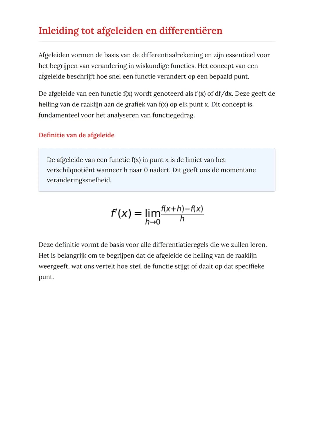 Afgeleiden en differentiëren: Van
basisbegrippen tot toepassingen
Complete gids voor afgeleiden, differentiëren en praktische
toepassingen
W