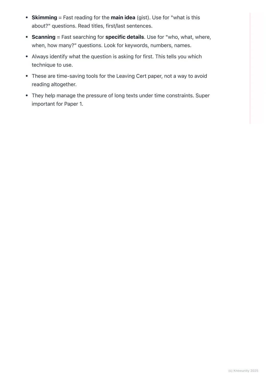 # Skimming and Scanning

Reading strategies: skimming and scanning

These are essential for the French reading comprehensions (Compréhension