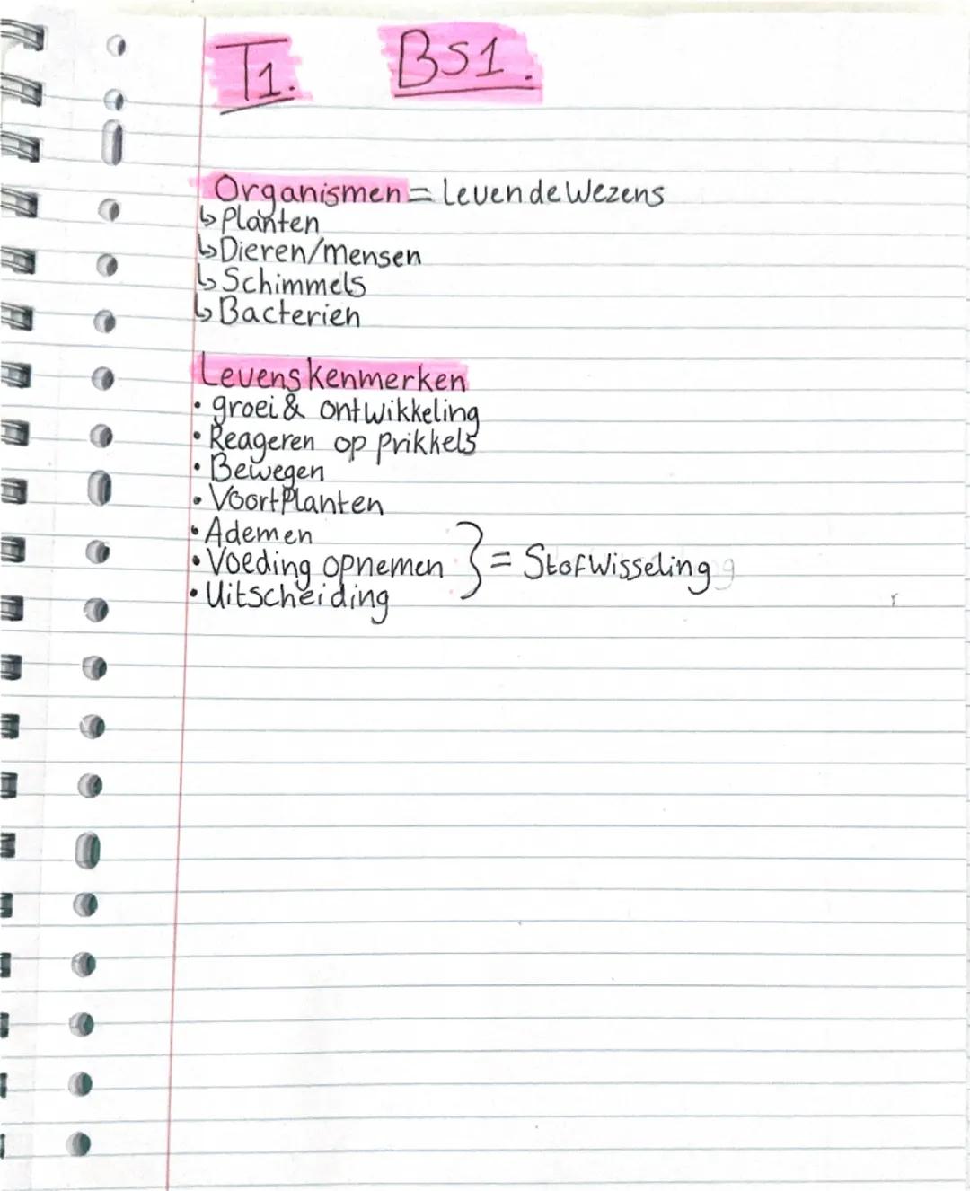 T1. BS1.

Organismen leven de Wezens
Planten
Dieren/mensen
Schimmels
Bacterien

Levens kenmerken
*   groei & ontwikkeling
*   Reageren op pr