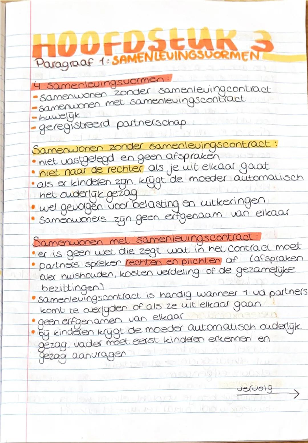 HOOFDSTUKS
Paragraaf 1: SAMENLEVINGSVORMEN
4 samenlevingsvormen:
- Samenwonen zonder samenleving contract
- Samenwonen met samenlevingscontr