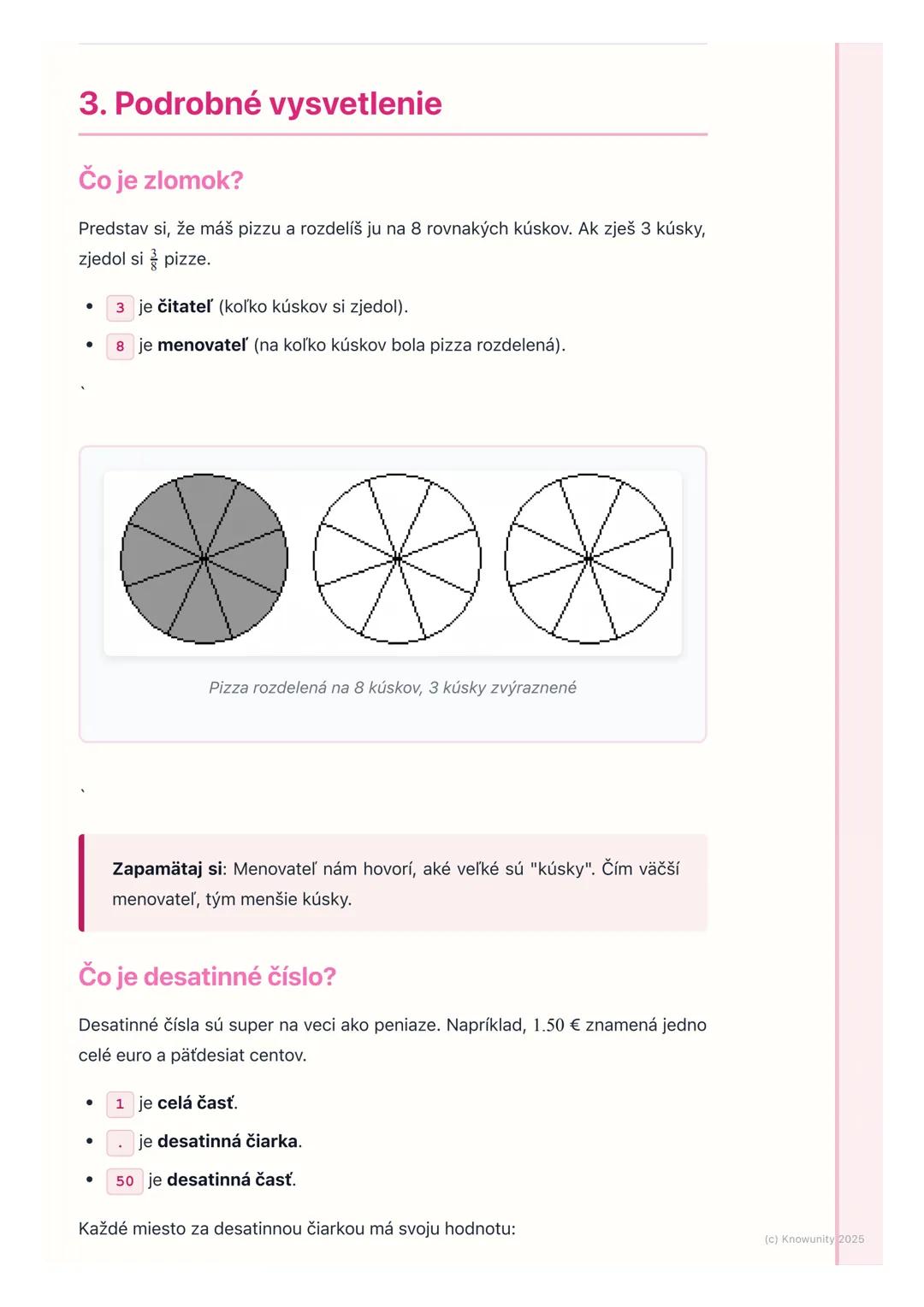 # Zlomky a desatinné čísla

## 1. Prehľad a úvod

Takže, na hodine matematiky si teraz opakujeme zlomky a desatinné čísla. Je
to dôležité, l