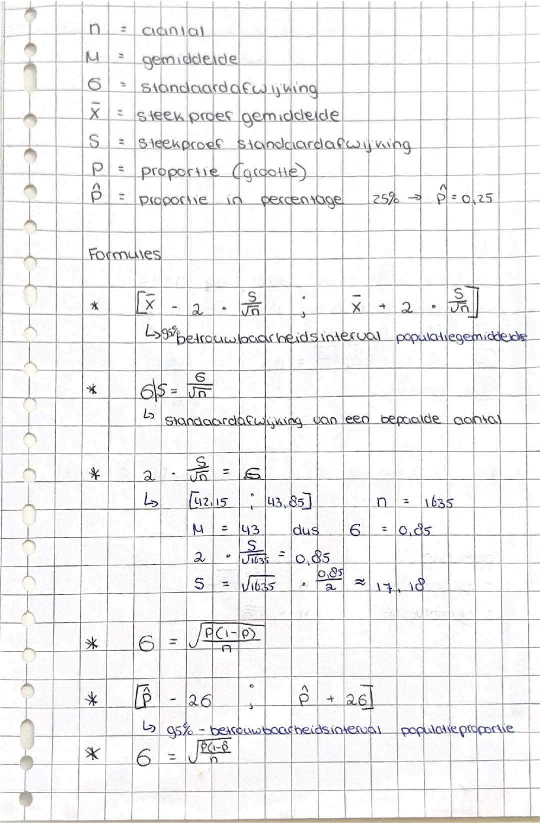n = aantal
M = gemiddelde
6 = standaardafwijking
X = steekproef gemiddelde
S = steekproef standaardafwijking
P = proportie (grootte)
P = pro