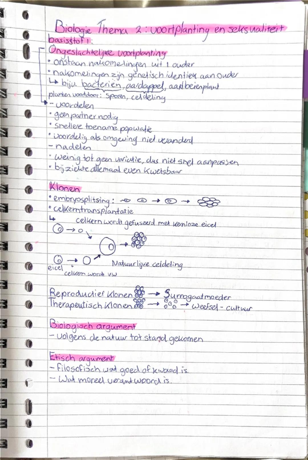 ## Biologie Thema 2: voortplanting en seksualiteit

### Basisstof 1:

**Ongeslachtelijke voortplanting**
- ontstaan nakomelingen uit 1 ouder