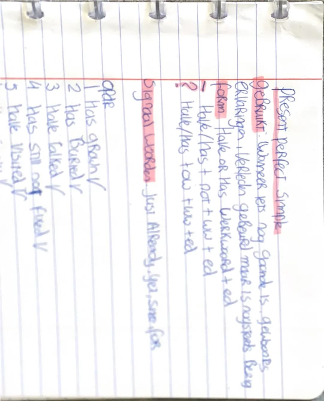 ## Present perfect Simple

- gebruikt: wanneer iets nog gaande is.
- ervaringen: verleden gebeurd maar is nog steeds bezig.

**Form:** Have 