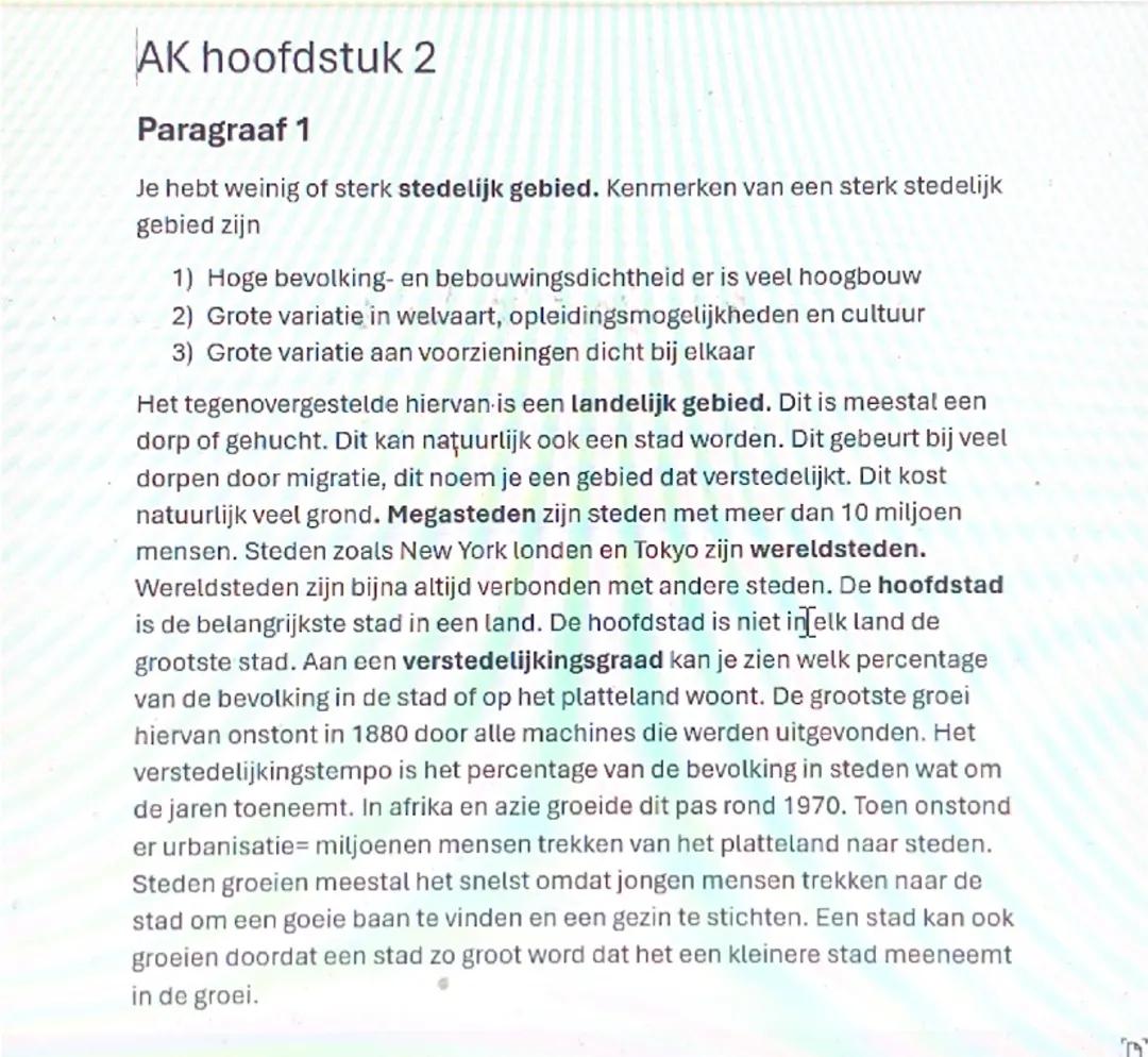 Aardrijkskunde vwo 2 ,hoofdstuk 2 steden 