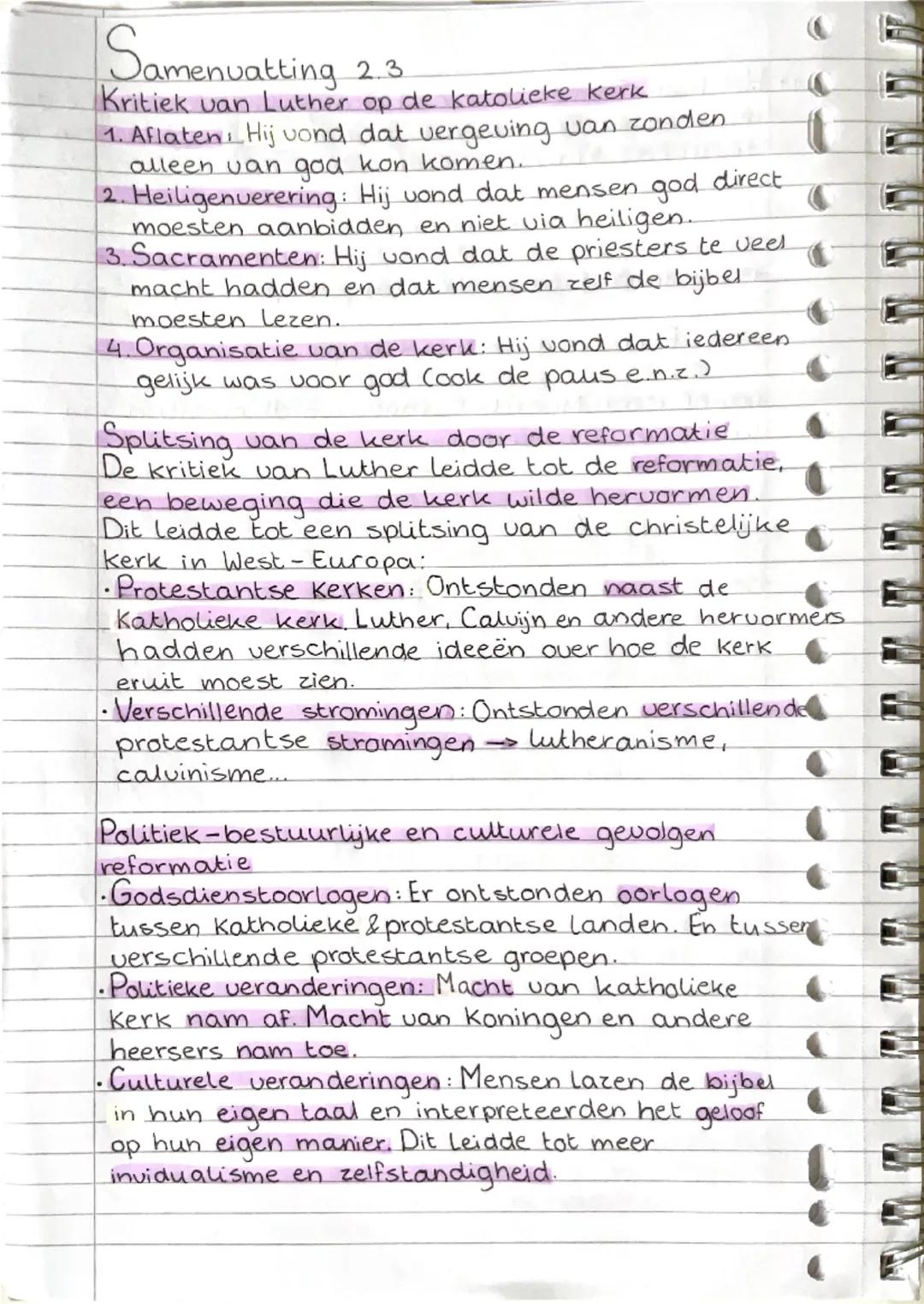 # Samenvatting 2.3
Kritiek van Luther op de katolieke kerk
1. Aflaten. Hij vond dat vergeving van zonden.
alleen van god kon komen.
2. Heili
