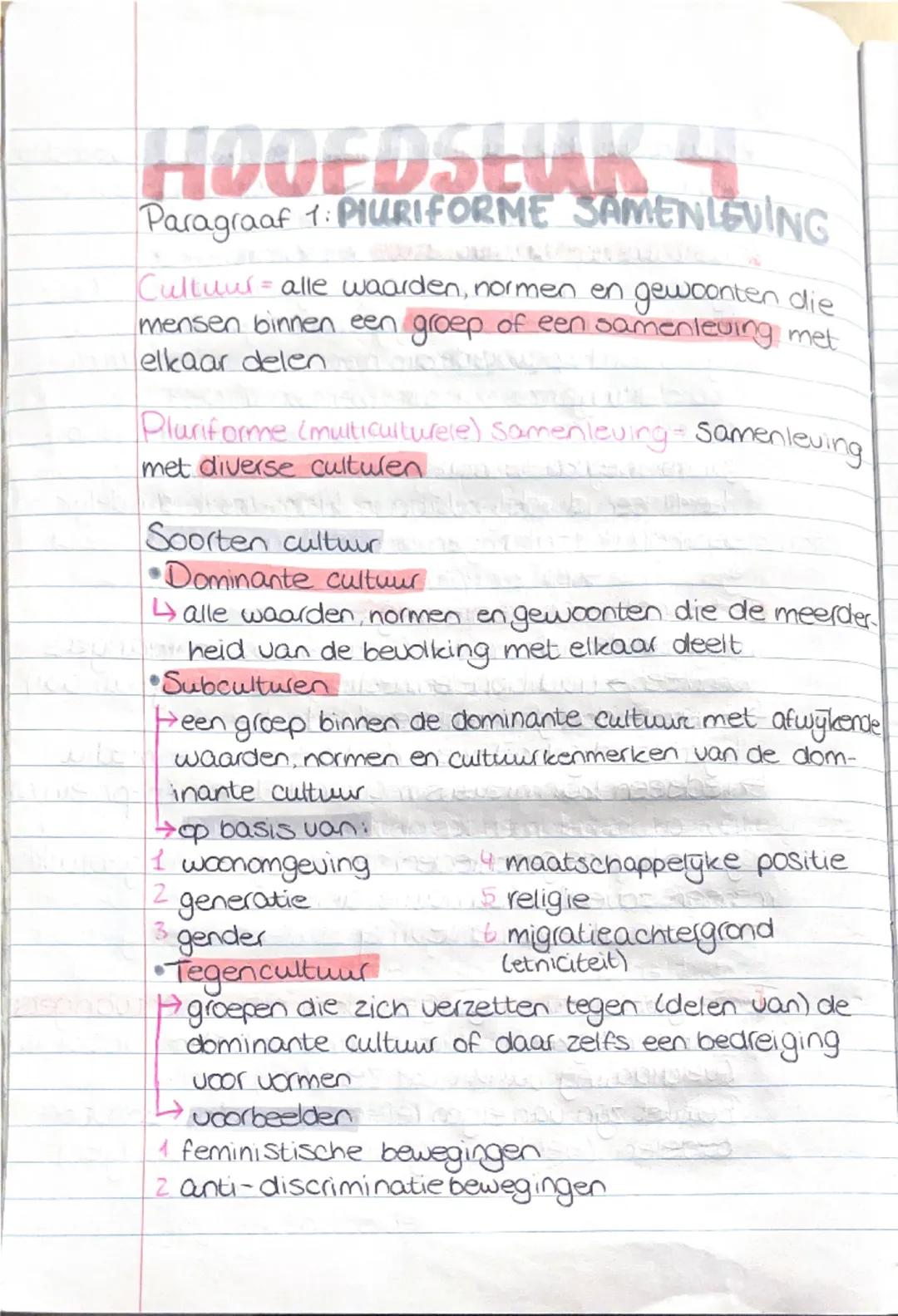 # Hoofdstuk 4

Paragraaf 1: PLURIFORME SAMENLEVING

Cultuur = alle waarden, normen en gewoonten die mensen binnen een groep of een samenlevi