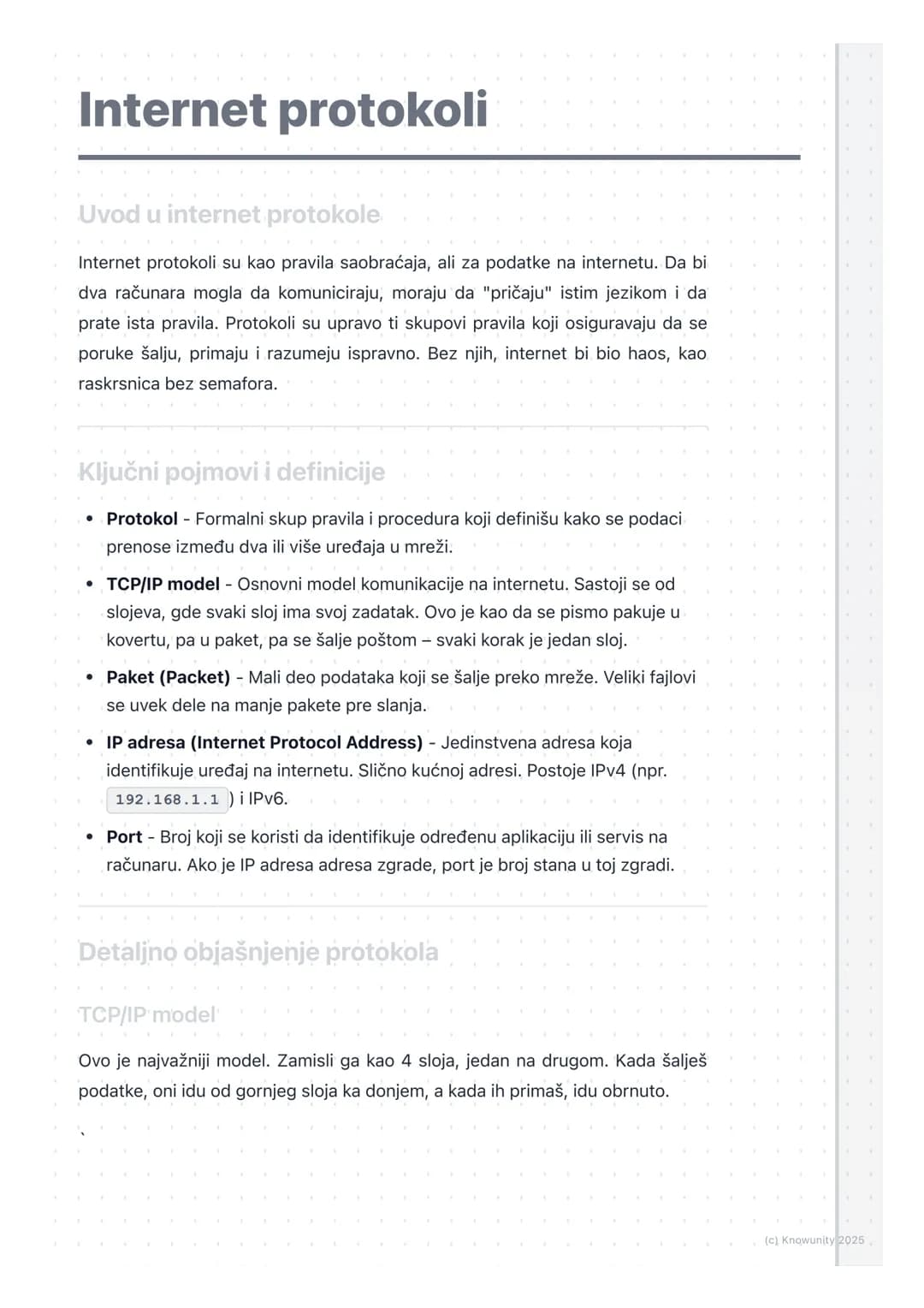 # Internet protokoli

Uvod u internet protokole

Internet protokoli su kao pravila saobraćaja, ali za podatke na internetu. Da bi
dva računa