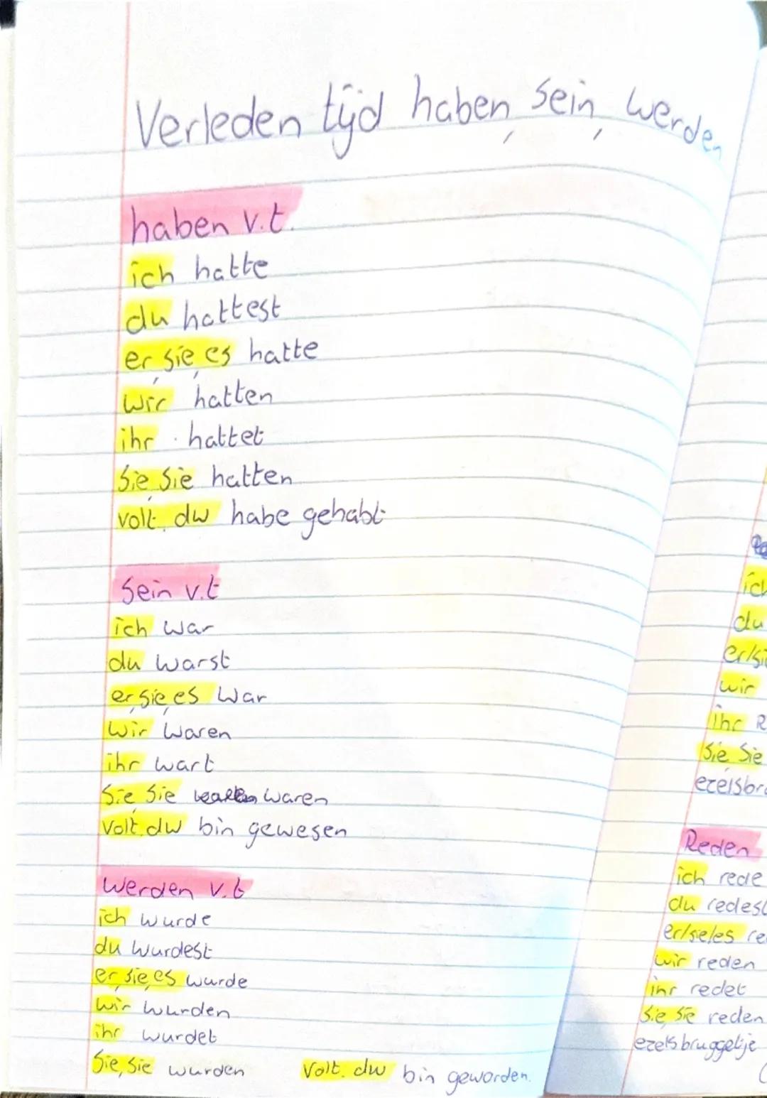 Verleden tyd haben sein werden
haben v.t.
ich hatte
du hattest
er,sie,es hatte
wir hatten
ihr hattet
Sie,Sie hatten
volt. dw habe gehabt
Sei