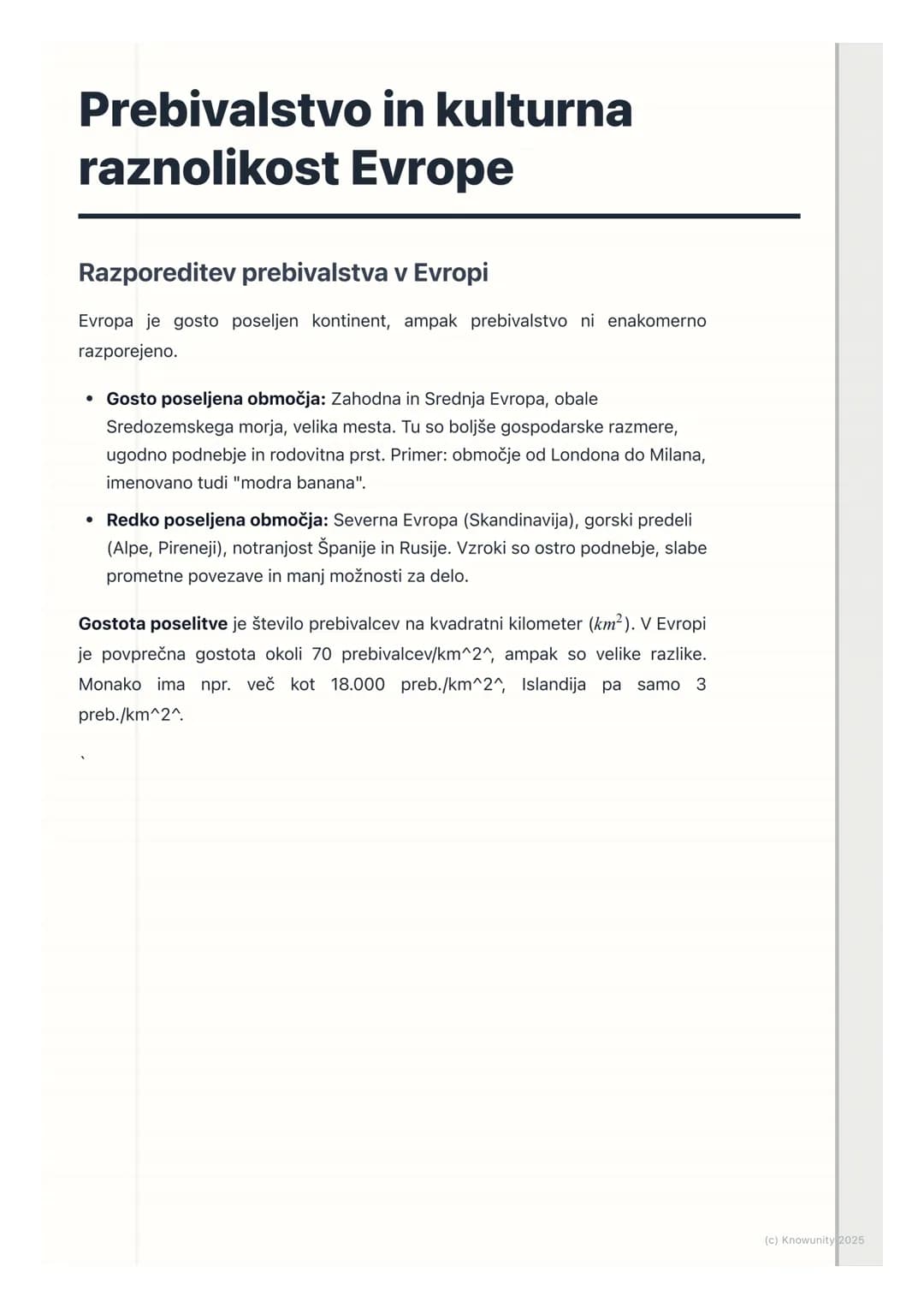 # Prebivalstvo in kulturna
raznolikost Evrope

Razporeditev prebivalstva v Evropi

Evropa je gosto poseljen kontinent, ampak prebivalstvo ni