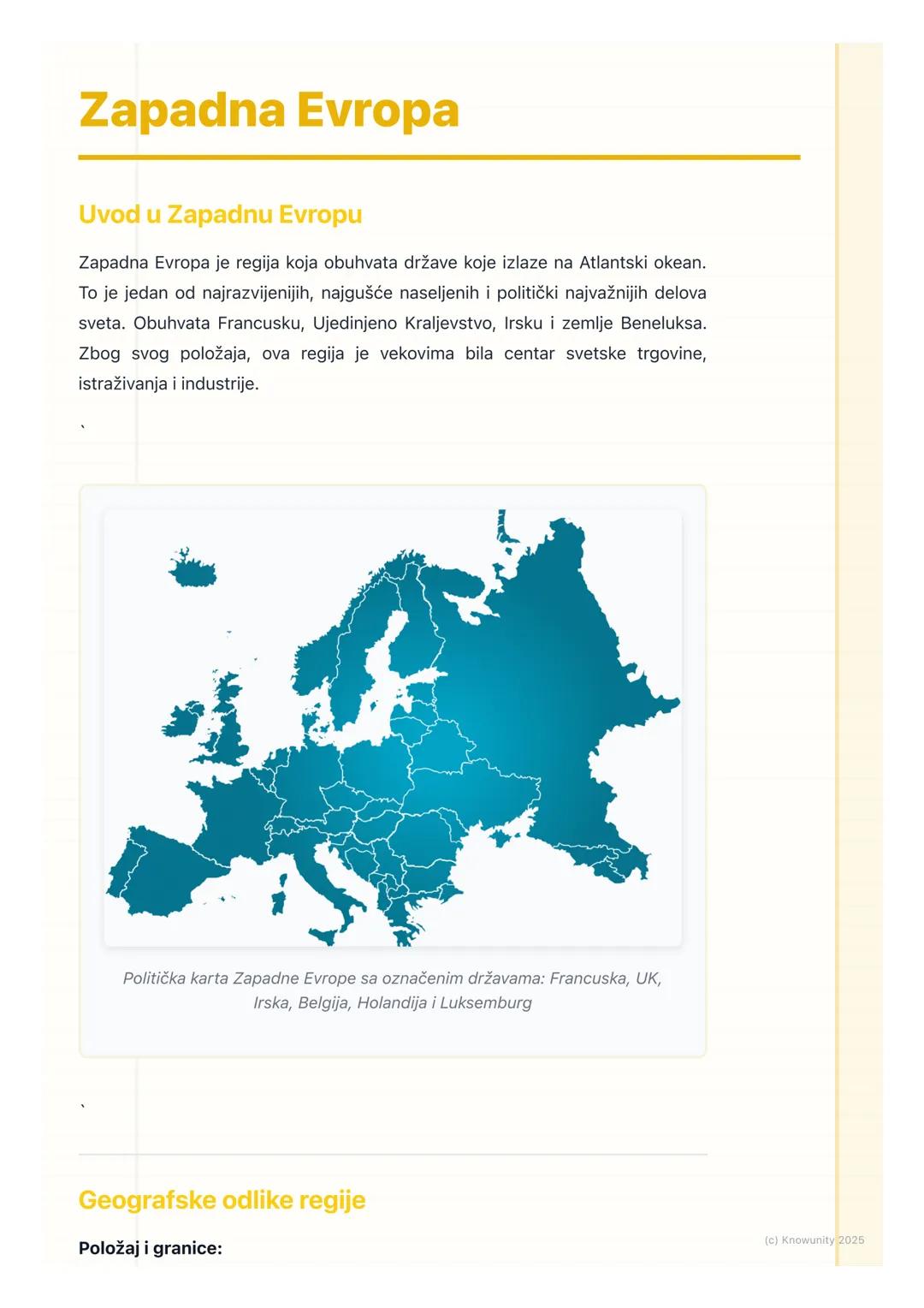 # Zapadna Evropa

Uvod u Zapadnu Evropu

Zapadna Evropa je regija koja obuhvata države koje izlaze na Atlantski okean.
To je jedan od najraz