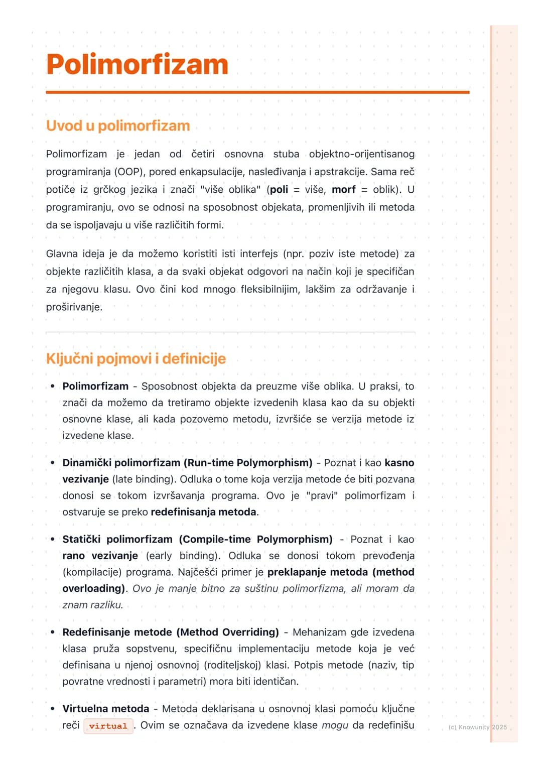 # Polimorfizam

Uvod u polimorfizam

Polimorfizam je jedan od četiri osnovna stuba objektno-orijentisanog
programiranja (OOP), pored enkapsu