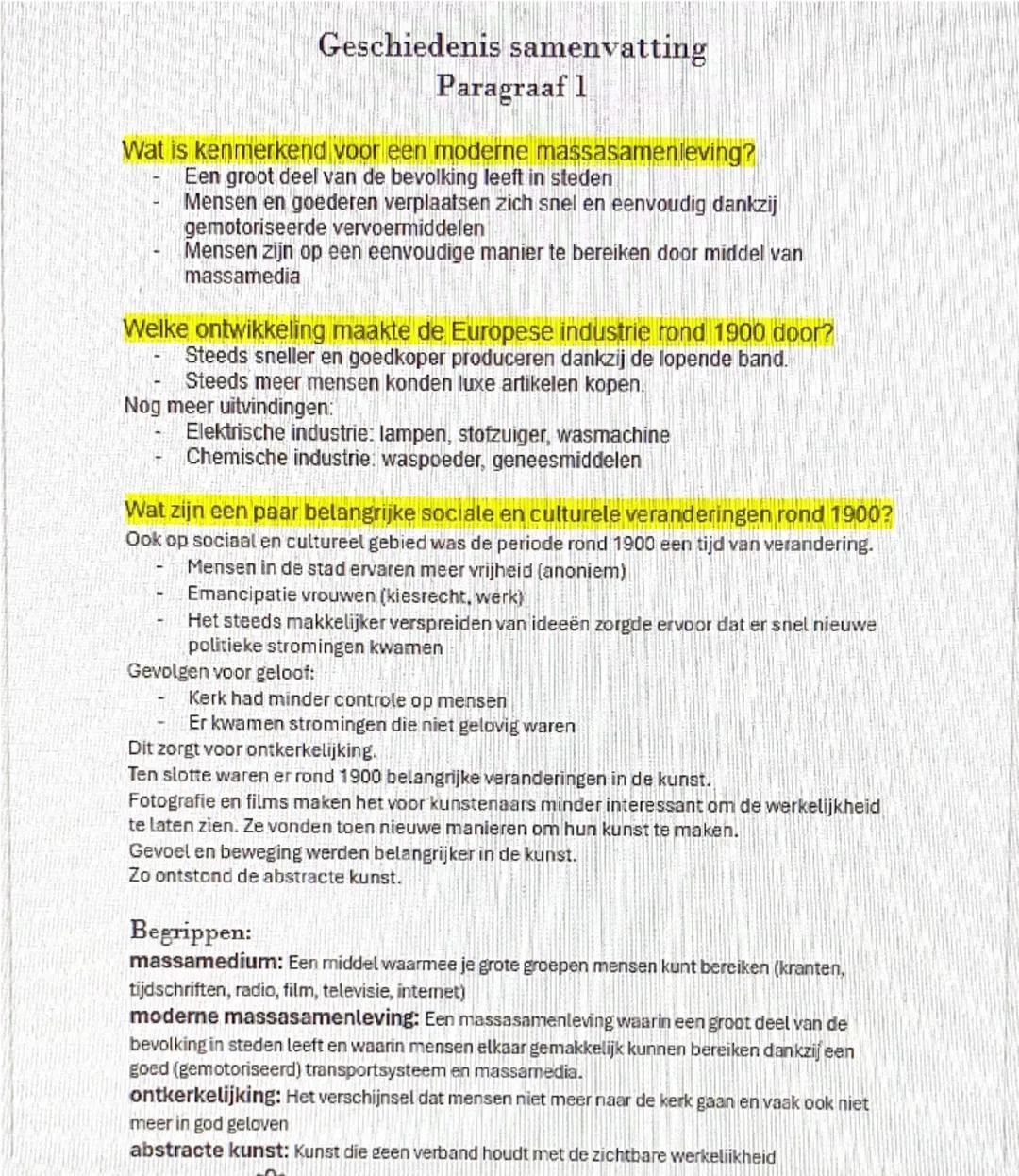 # Geschiedenis samenvatting

Paragraaf 1

Wat is kenmerkend voor een moderne massasamenleving?

- Een groot deel van de bevolking leeft in s