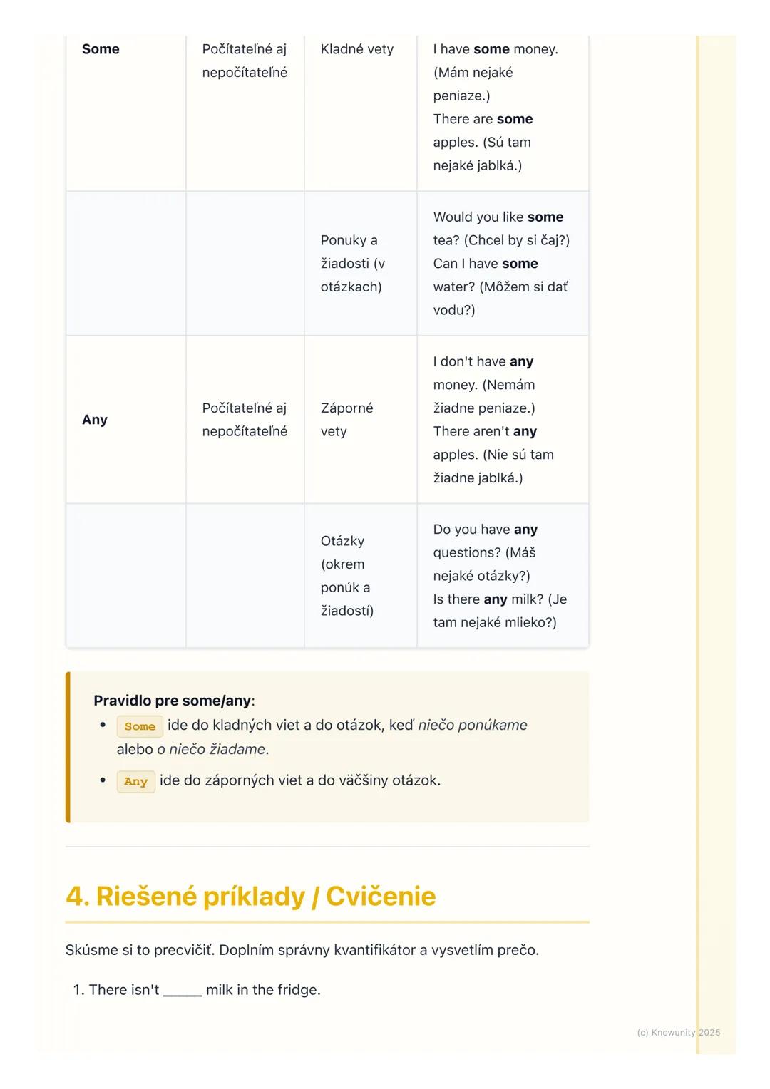# Kvantifikátory (Quantifiers)

1. Prehľad / Úvod

Takže, dnes si zopakujeme a rozšírime vedomosti o kvantifikátoroch. To sú tie
slová, ktor