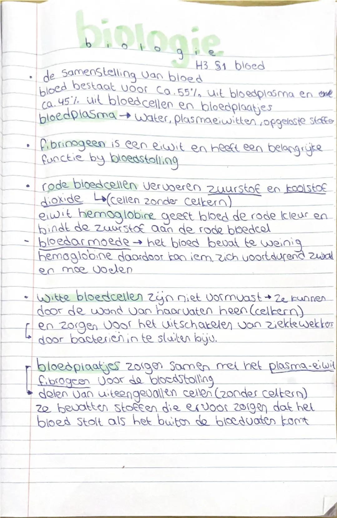 biologie.
H3 $1 bloed
- de samenstelling van bloed
  bloed bestaat voor Ca.55%, uit bloedplasma en eve
  ca. 45% uit bloedcellen en bloedpla