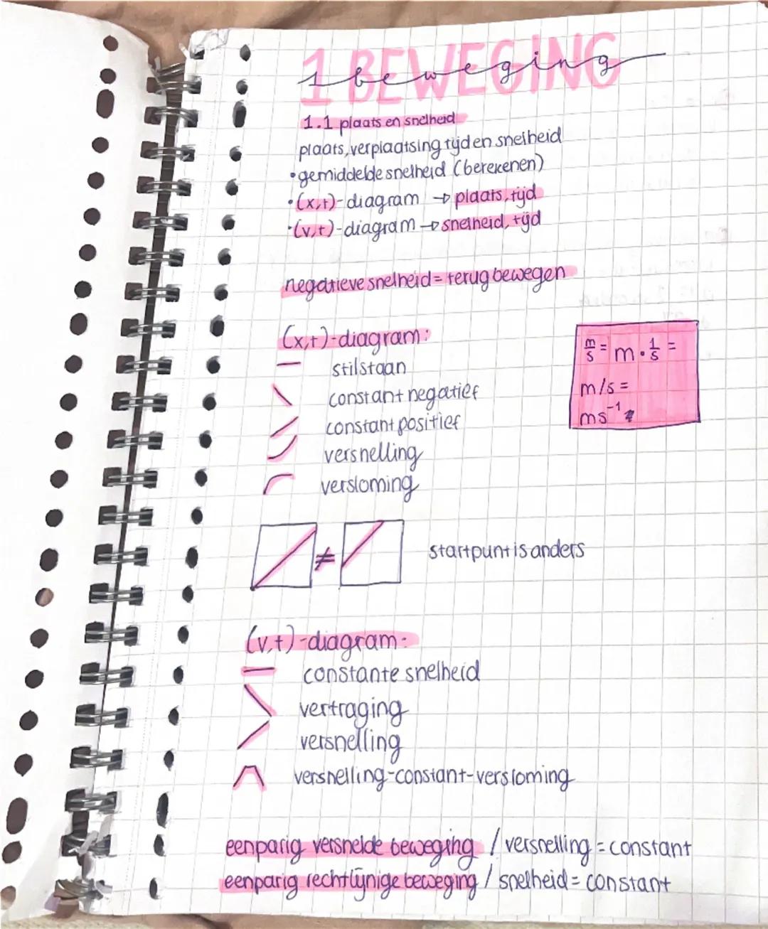 # beweging

1.1 plaats en snelheid
plaats, verplaatsing tijd en snelheid
•gemiddelde snelheid (berekenen)
•(x,t)-diagram→ plaats, tijd
(vt)-