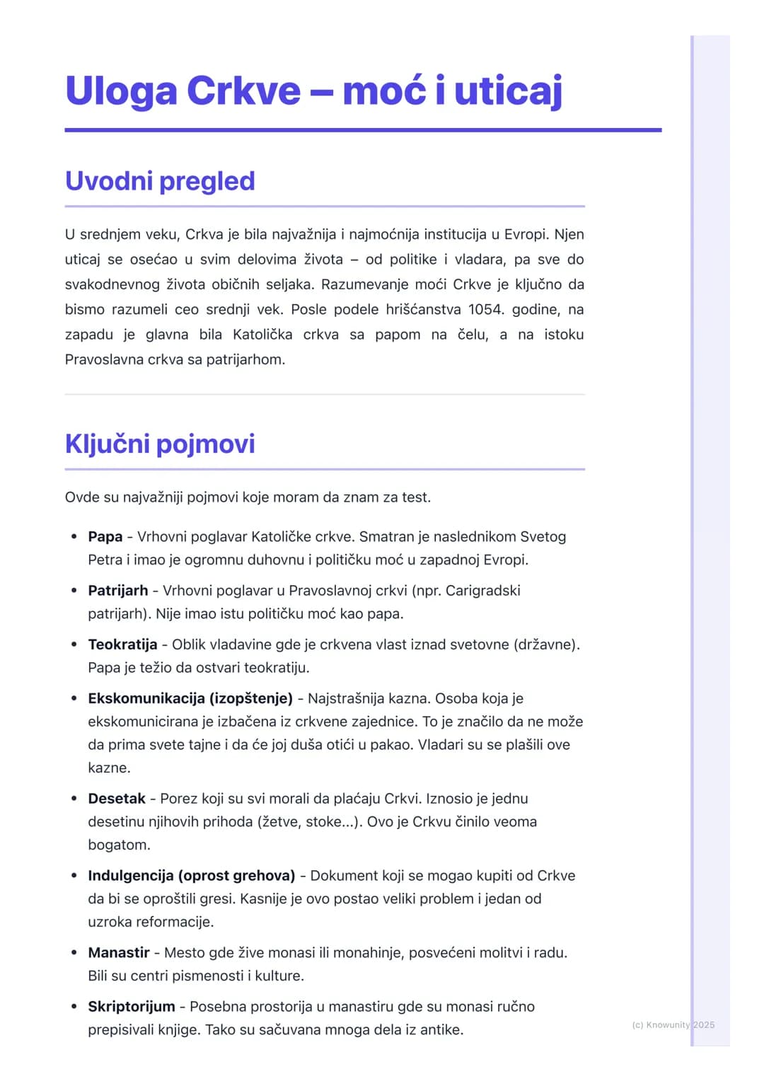 # Uloga Crkve – moć i uticaj

## Uvodni pregled

U srednjem veku, Crkva je bila najvažnija i najmoćnija institucija u Evropi. Njen
uticaj se