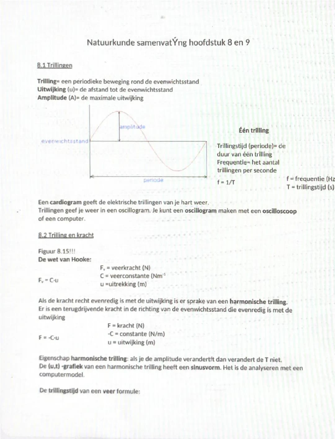 8.1 Trillingen
Natuurkunde samenvatÝng hoofdstuk 8 en 9
Trilling een periodieke beweging rond de evenwichtsstand
Uitwijking (u)= de afstand 