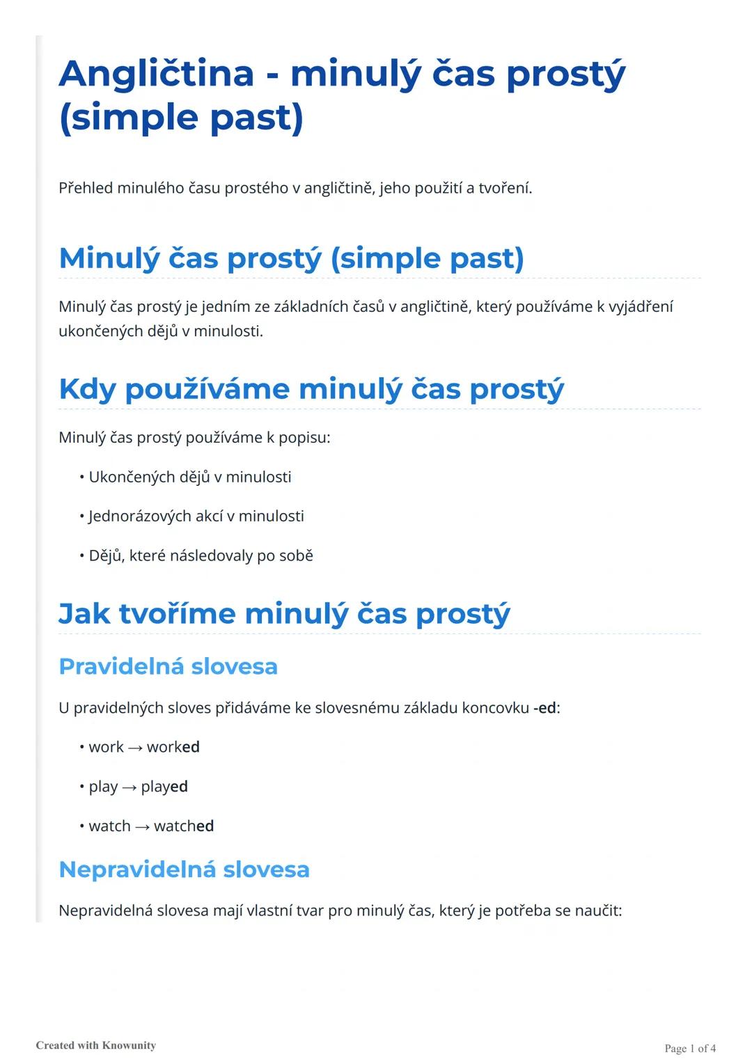 # Angličtina - minulý čas prostý
(simple past)

Přehled minulého času prostého v angličtině, jeho použití a tvoření.

# Minulý čas prostý (s